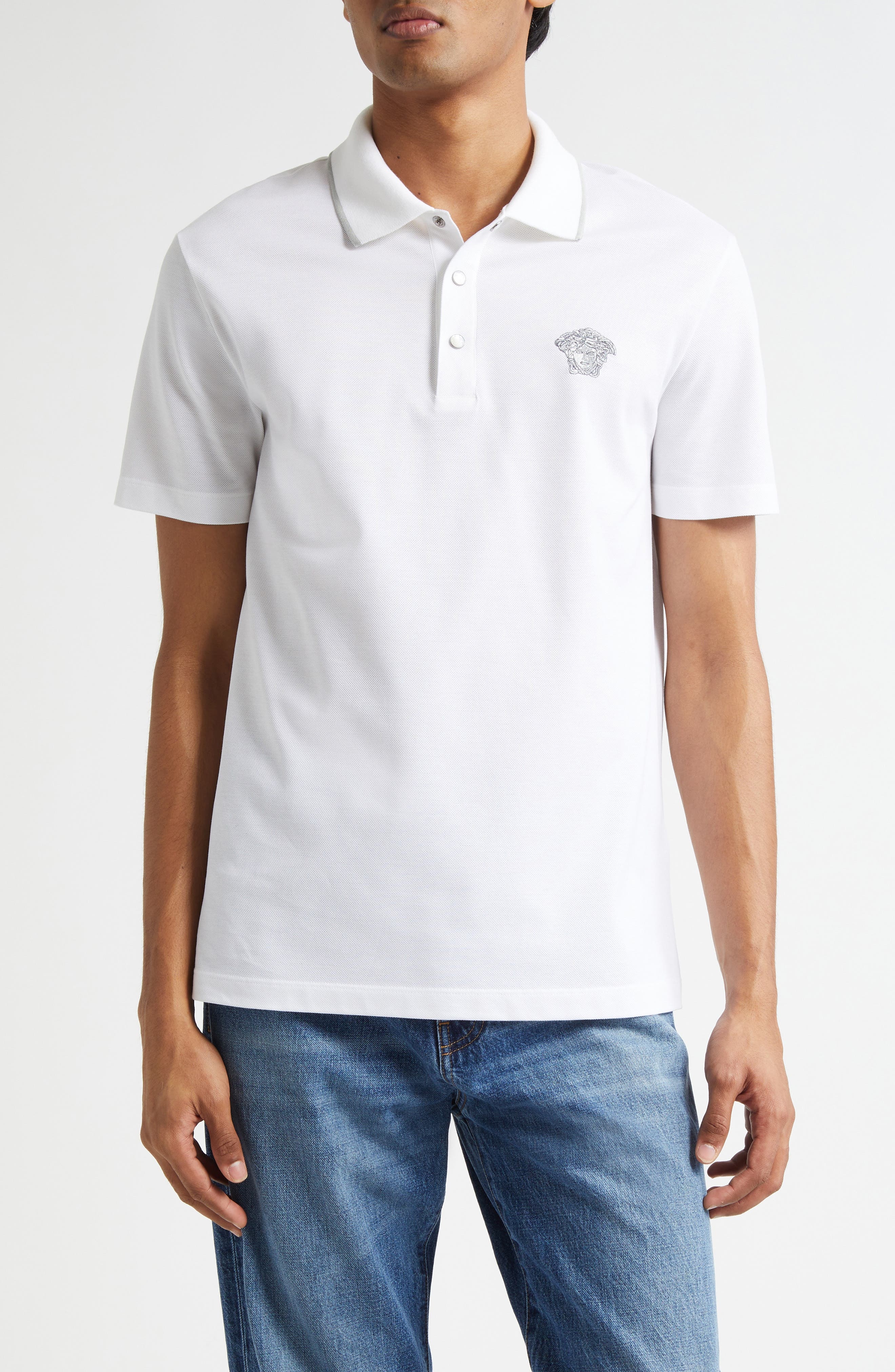 Versace Medusa Embroidered Cotton Piqué Polo in Optical White at Nordstrom - 1