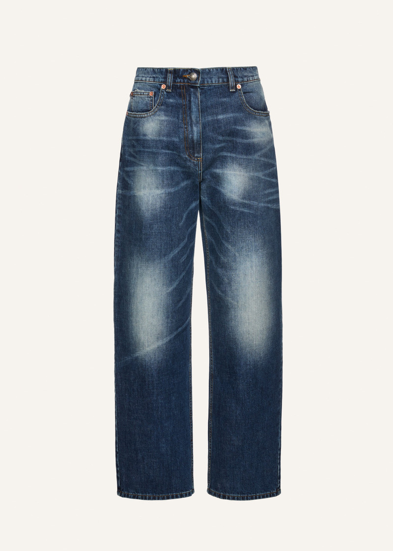 Loose-leg faded denim pants in dark blue 1