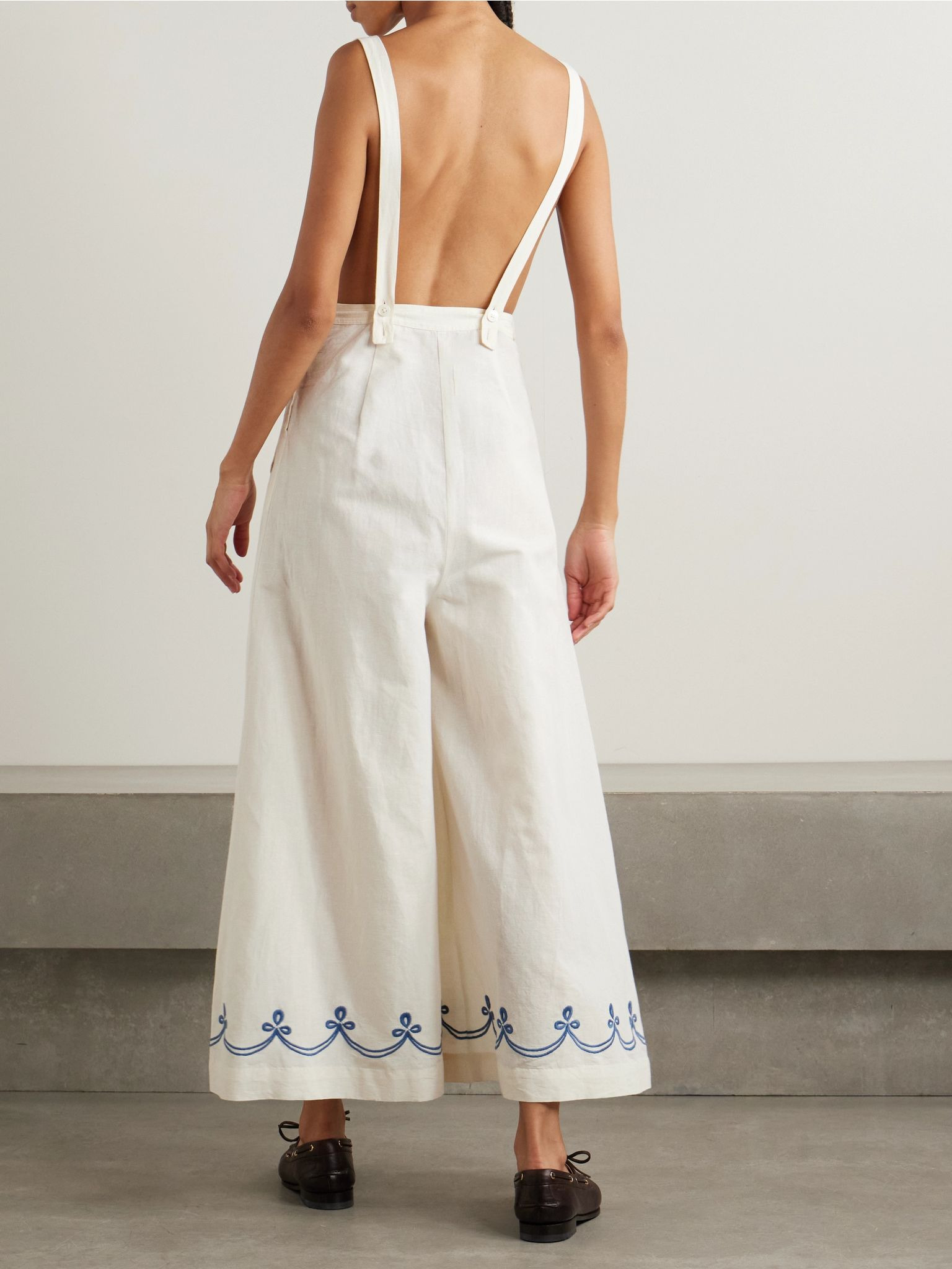 Embroidered cotton and linen-blend jumpsuit Cream - 4