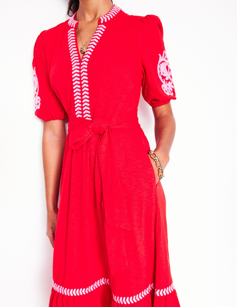 Amara Embroidered Jersey Dress-Poppy Red, Pink Peony 4