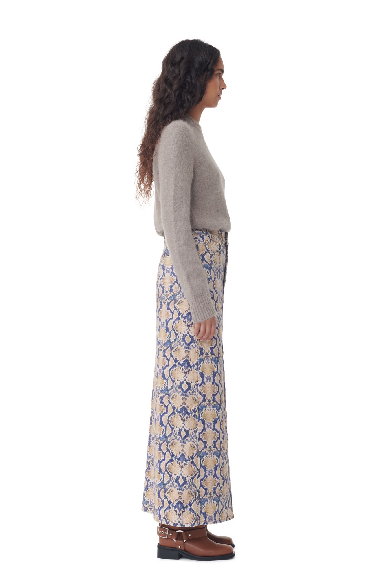 SNAKE PRINTED DENIM MAXI SLIT SKIRT - 3