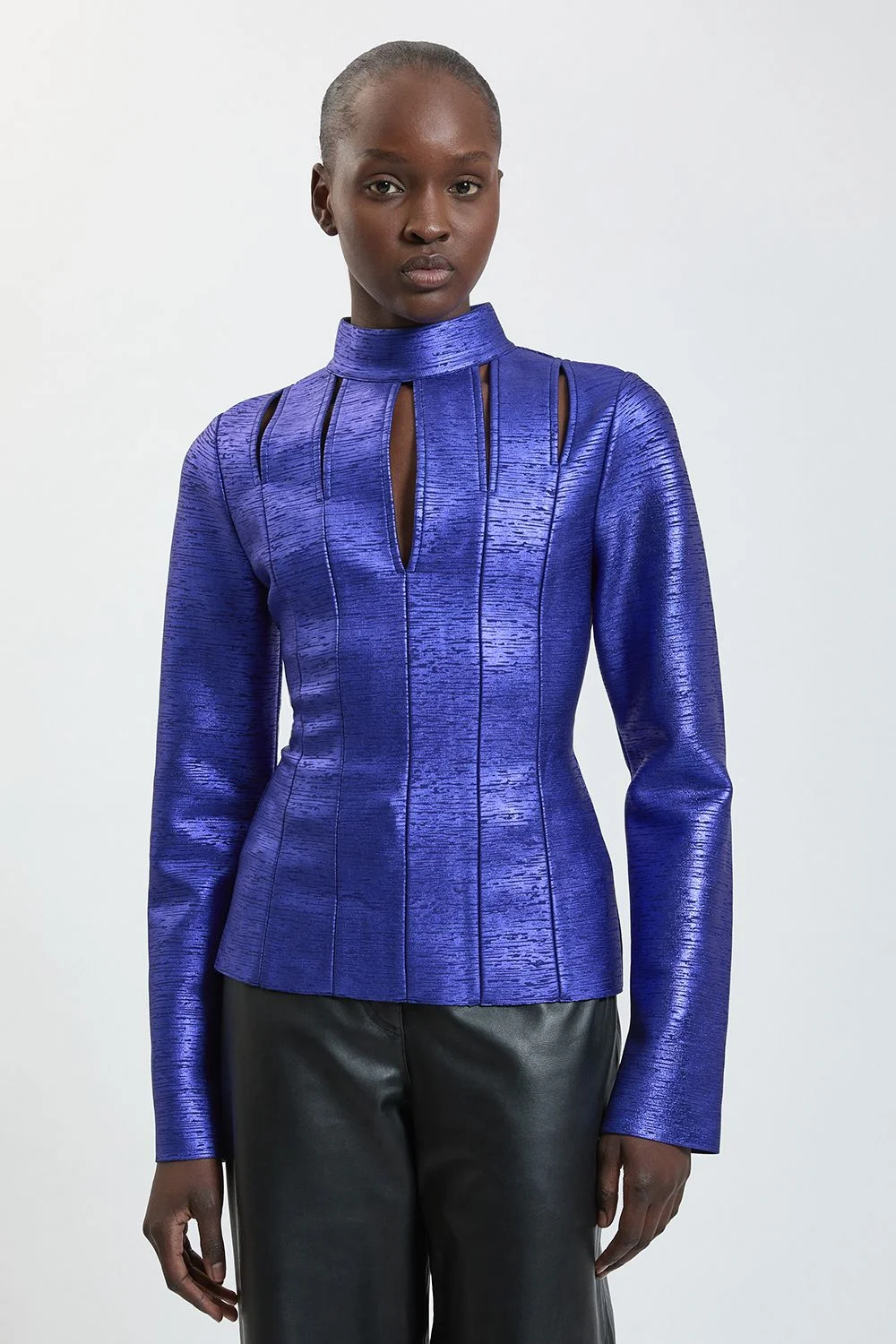 Foil Bandage Figure Form Cut-Out Long Sleeved Top - 1