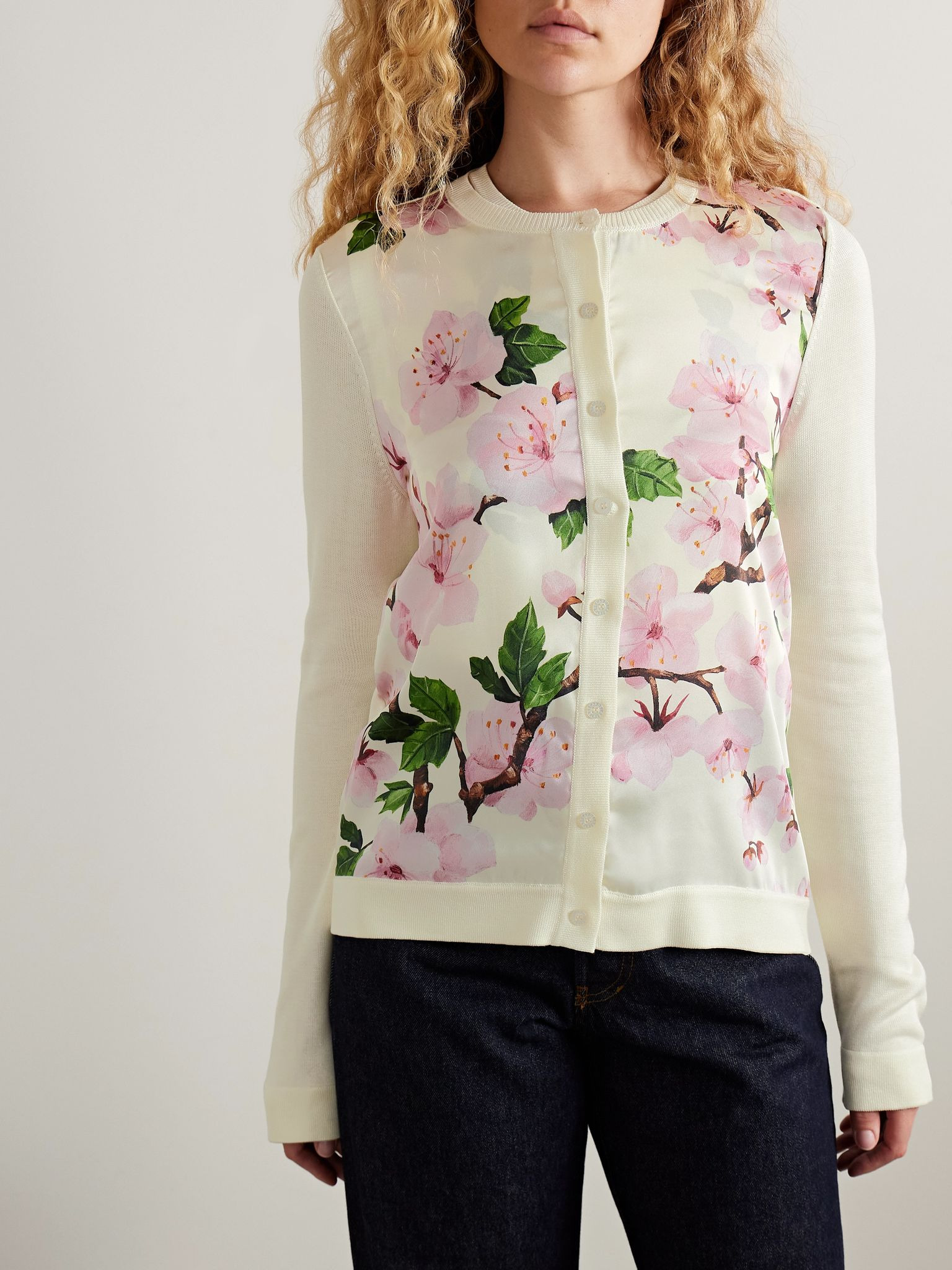 Paneled knitted and floral-print silk-blend twill cardigan Ecru - 3