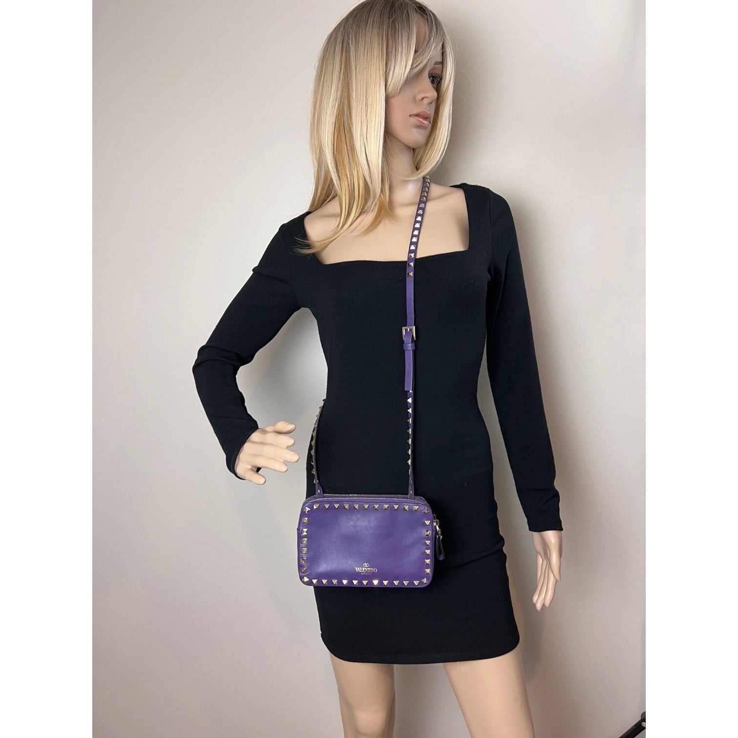 Valentino Rockstud Double Zip Purple Leather Crossbody Bag - 8
