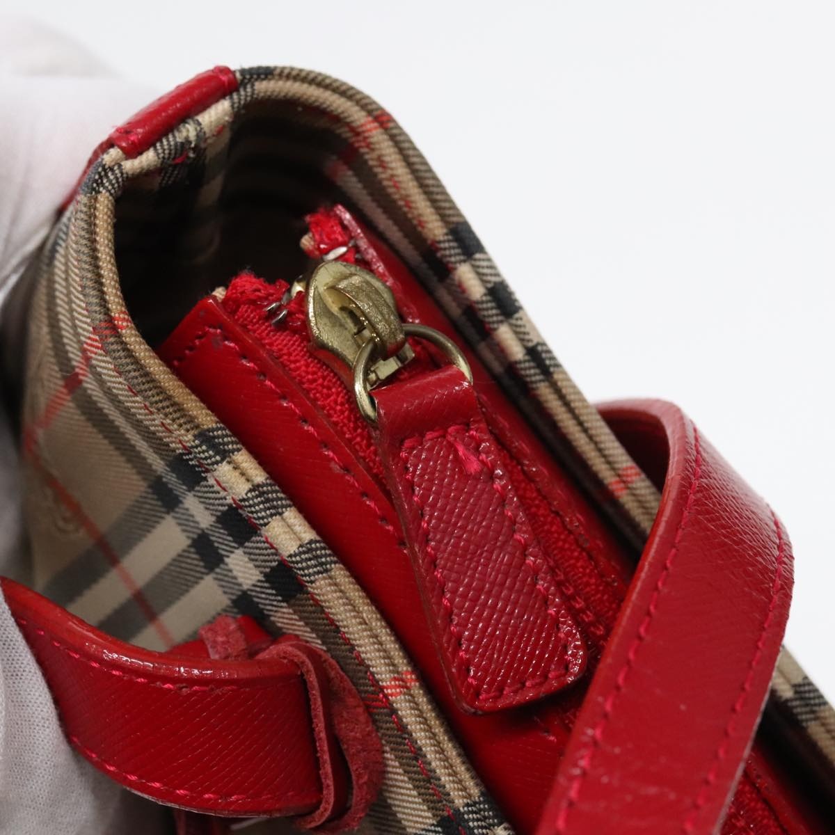 Burberry Nova Check Hand Bag Canvas Leather Beige Red Gold - 11