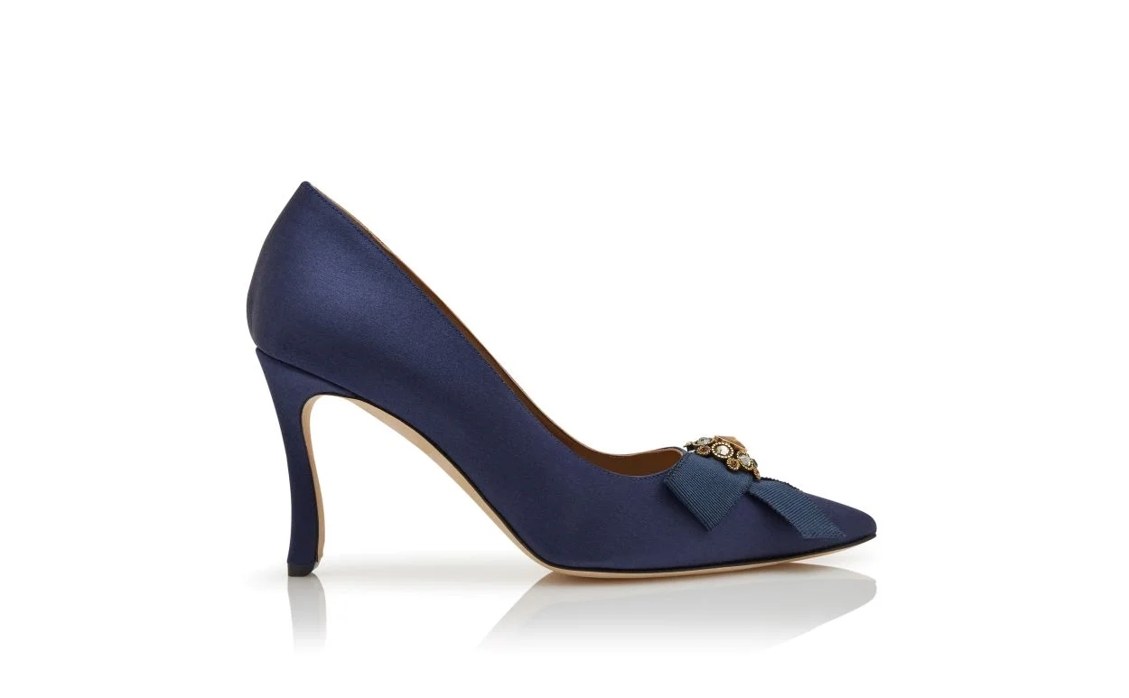 Navy Blue Satin Jewel Embellished Pumps - 1