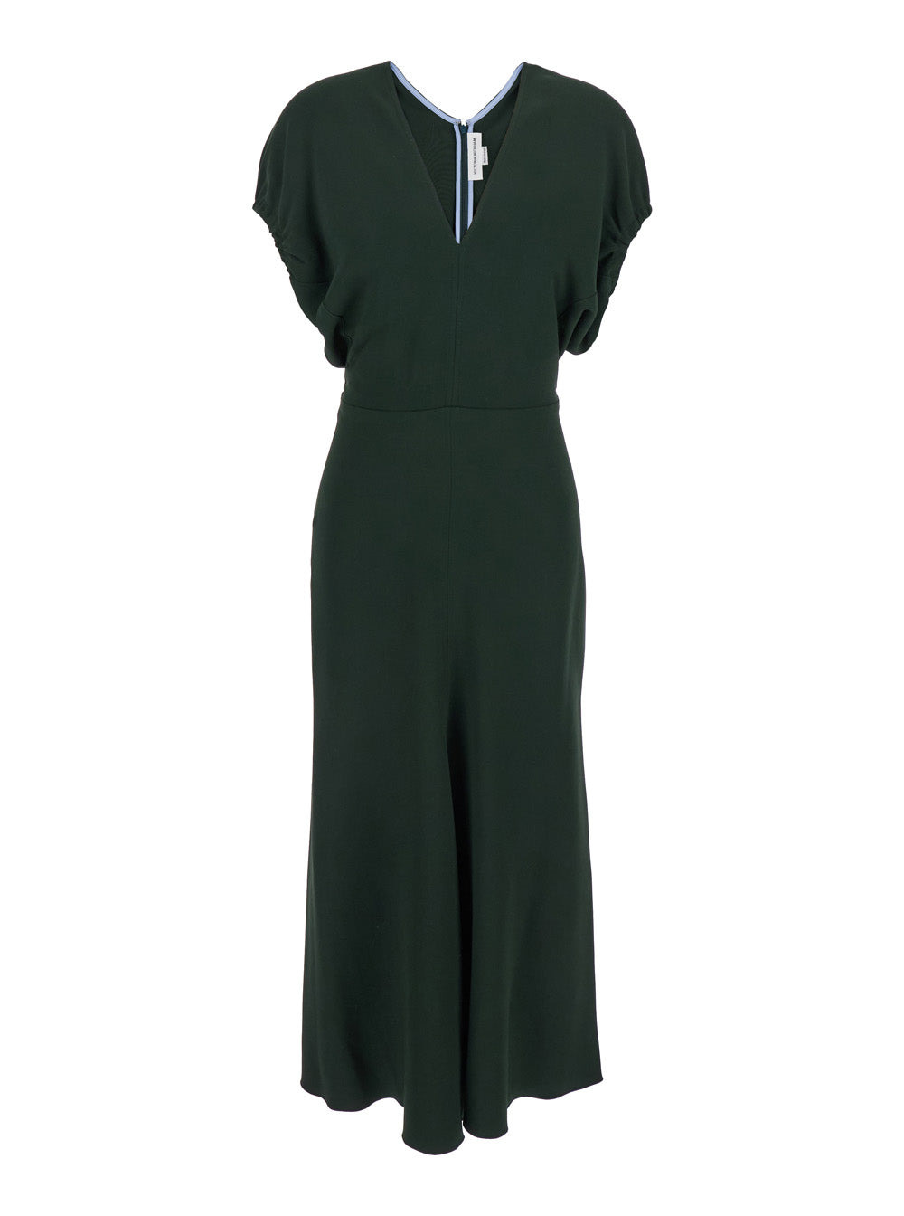 Victoria Beckham Women Green Midi Dress With Ruched Sleeves And V Neck In Viscose Blend Stretch Woma - 1