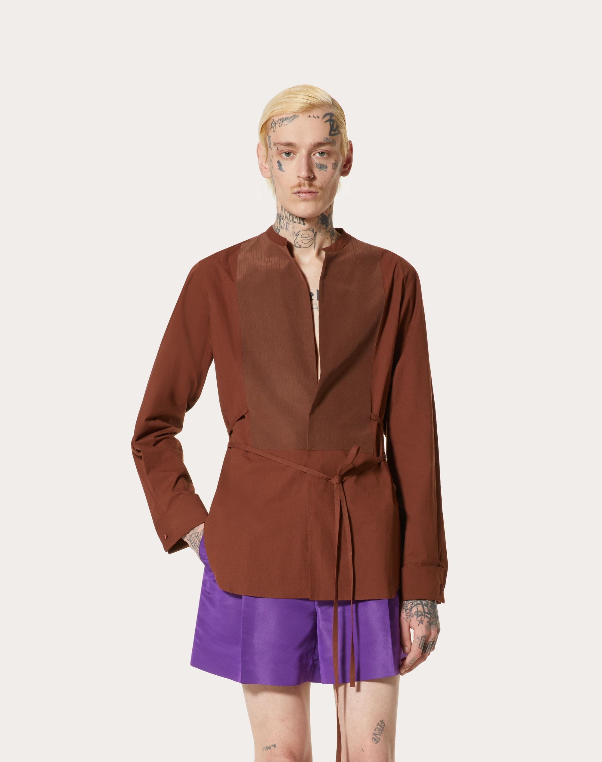 COTTON POPLIN SHIRT WITH WASHED SILK PLASTRON - 3