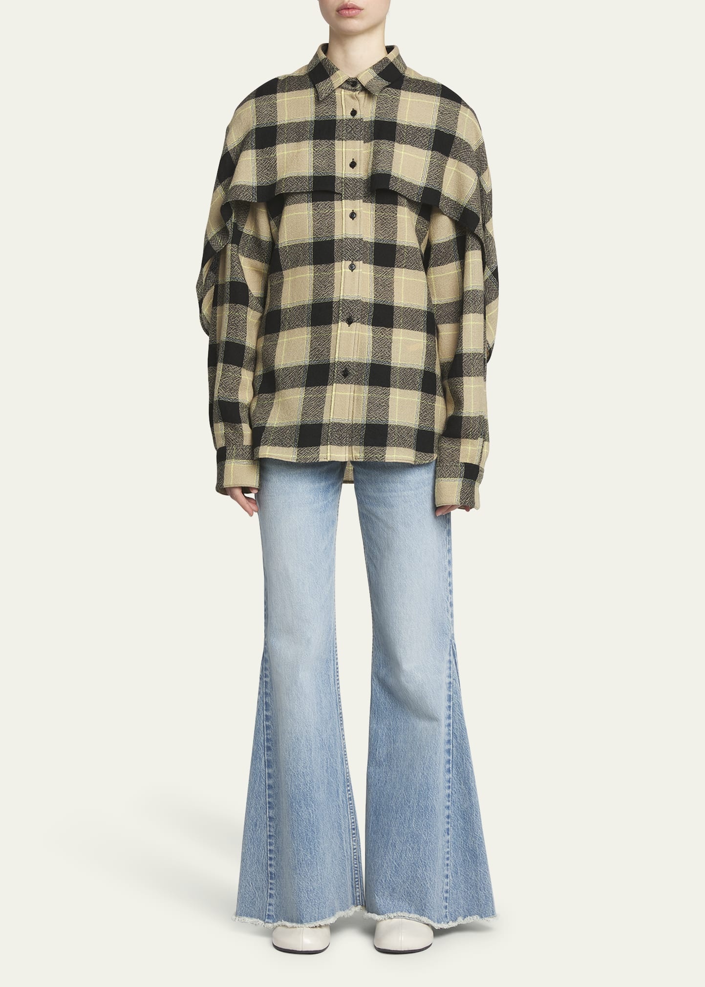 Plaid Wool Cape Detail Long-Sleeve Shirt - 2