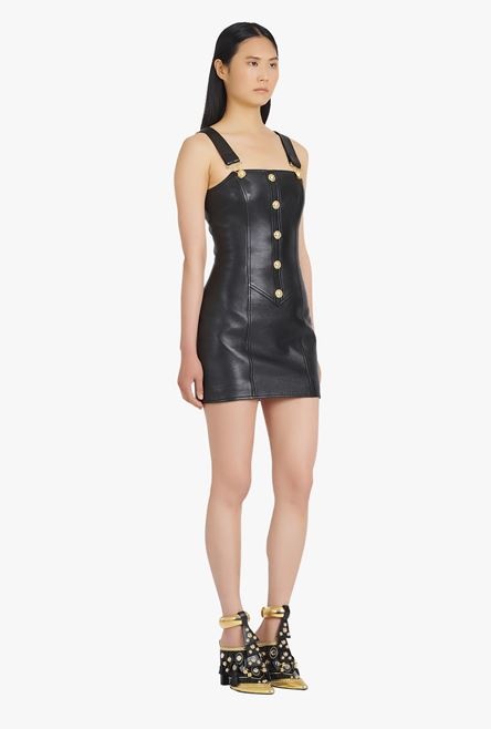 Short black leather overall dress - 7