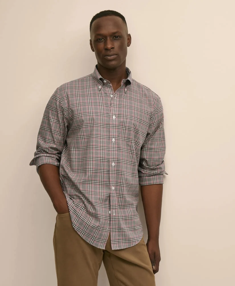 Stretch Cotton Non-Iron Twill Button Down Collar, Plaid Sport Shirt - 1