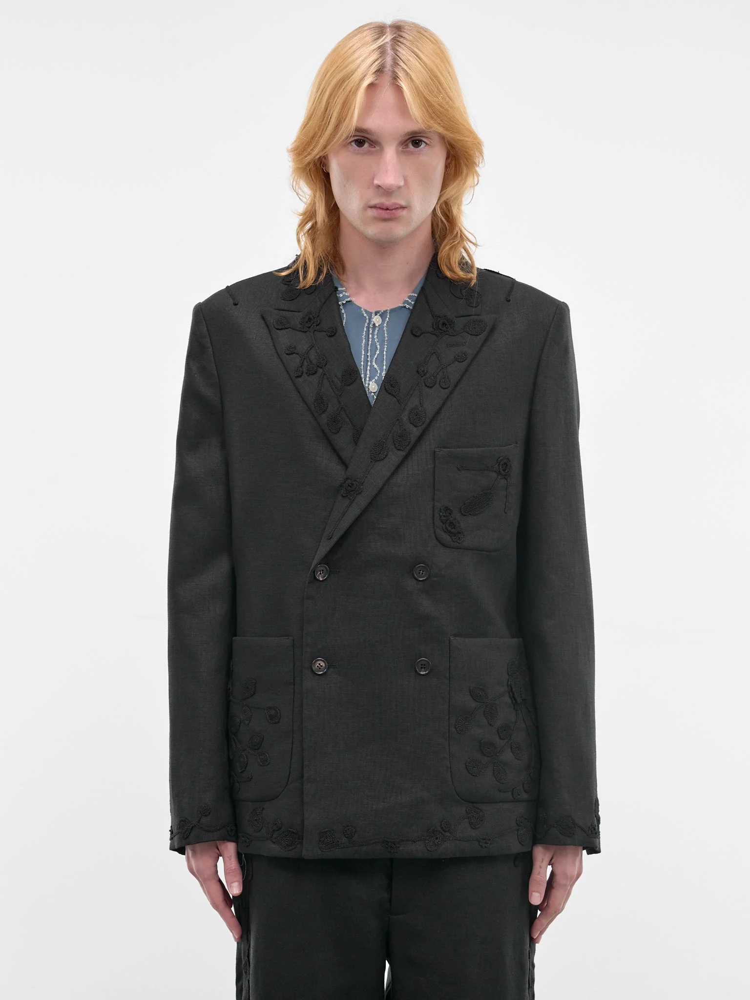 Black Snowdrop Embroidered Linen Blazer - 1