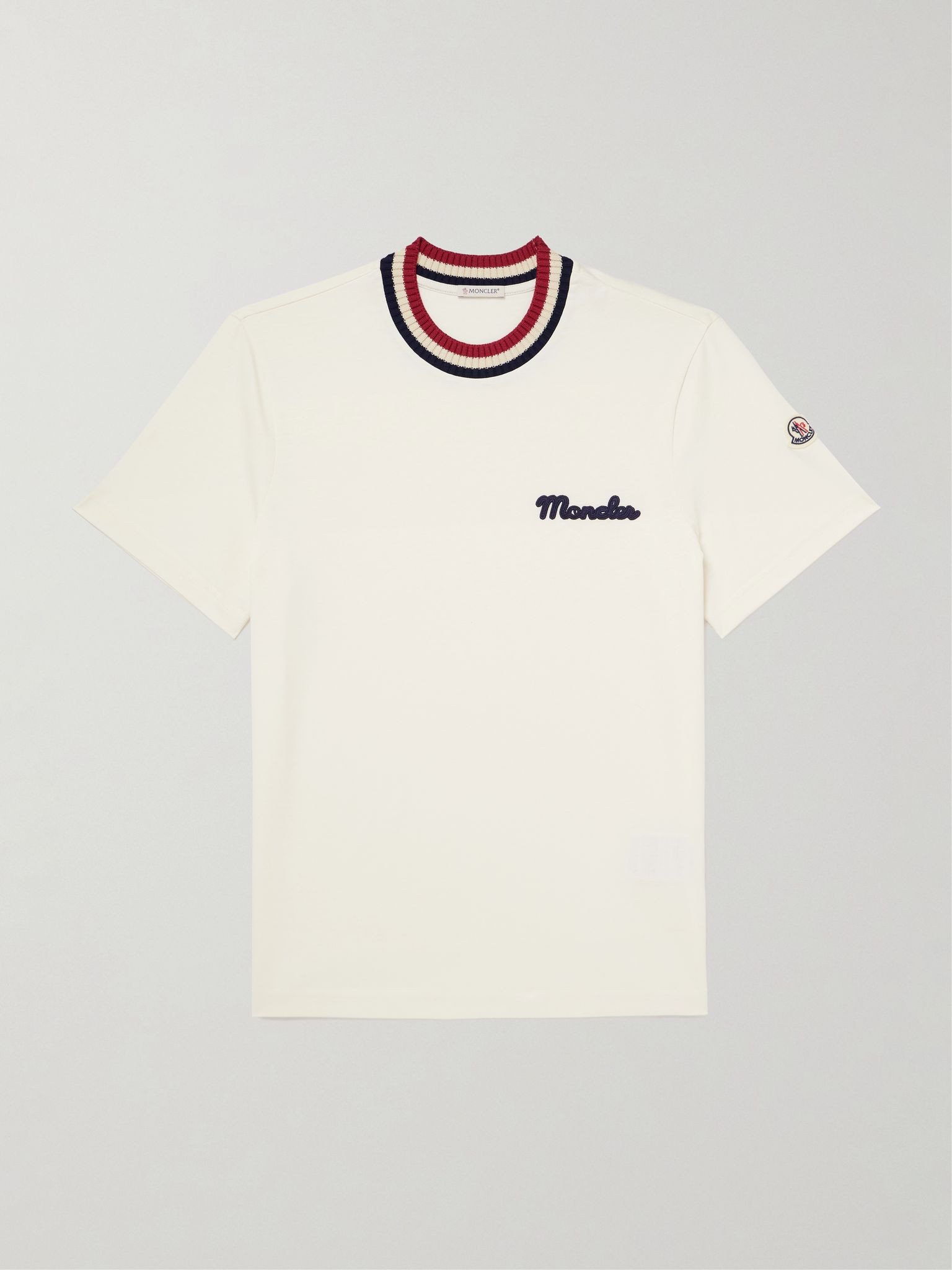 Striped Stretch-Knit Trimmed Logo-Appliquéd Cotton-Jersey T-Shirt Off-white - 1