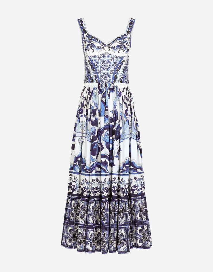 Calf-length bustier dress in majolica-print poplin - 1