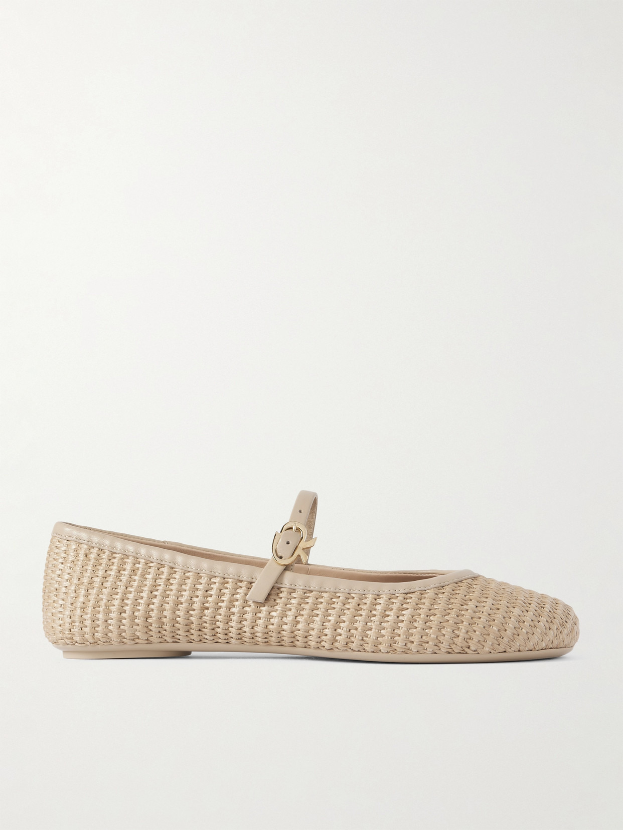 Carla Leather-trimmed Raffia Mary Jane Ballet Flats - 1