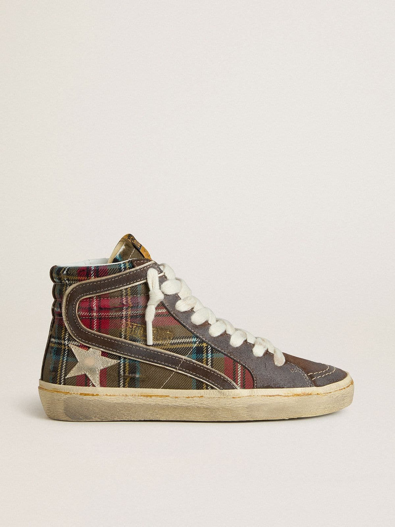 Women's Slide in red tartan with silver nappa leather star and black suede flash 1