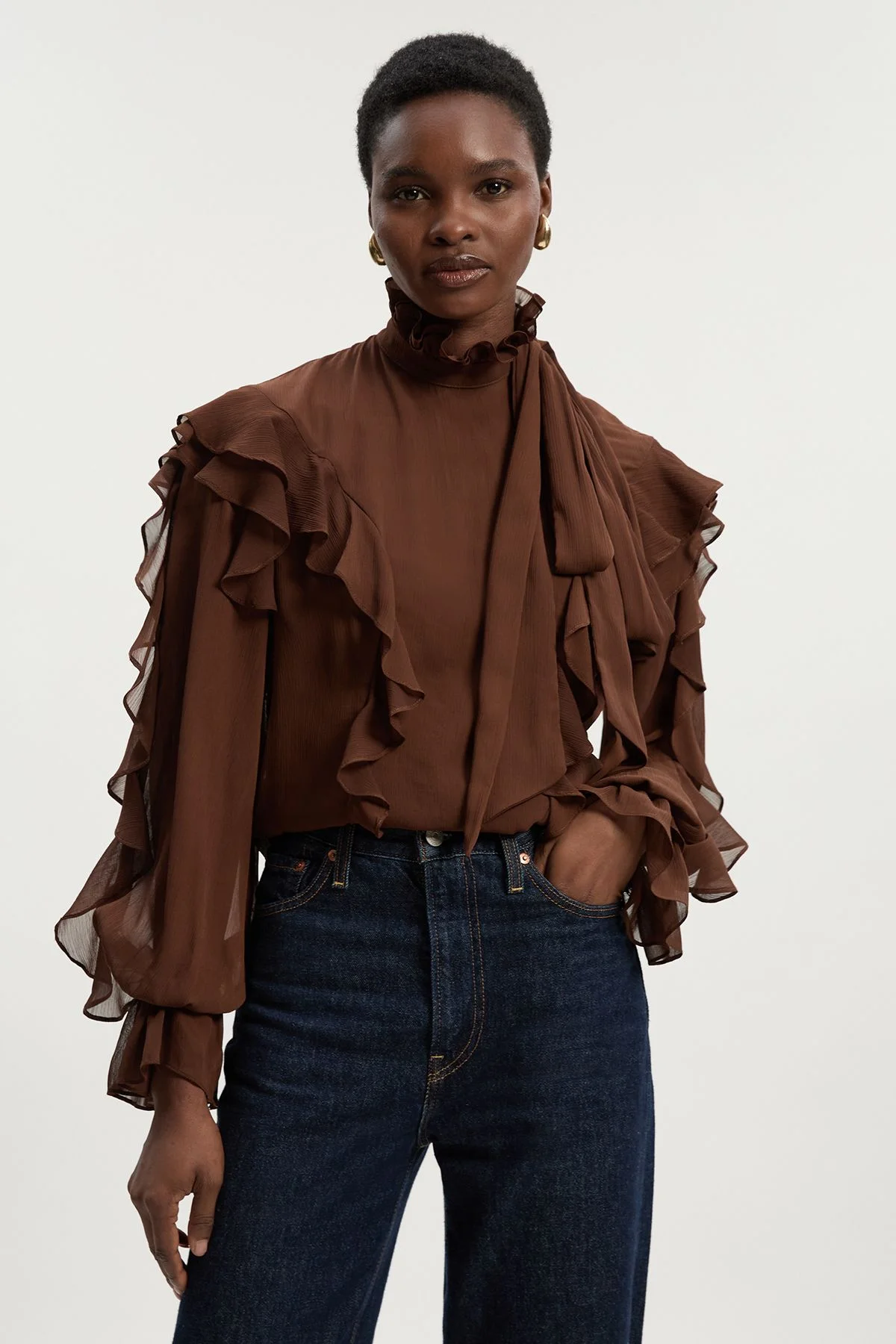 Ruffle Front Crinkle Georgette Pussy Bow Blouse - 1