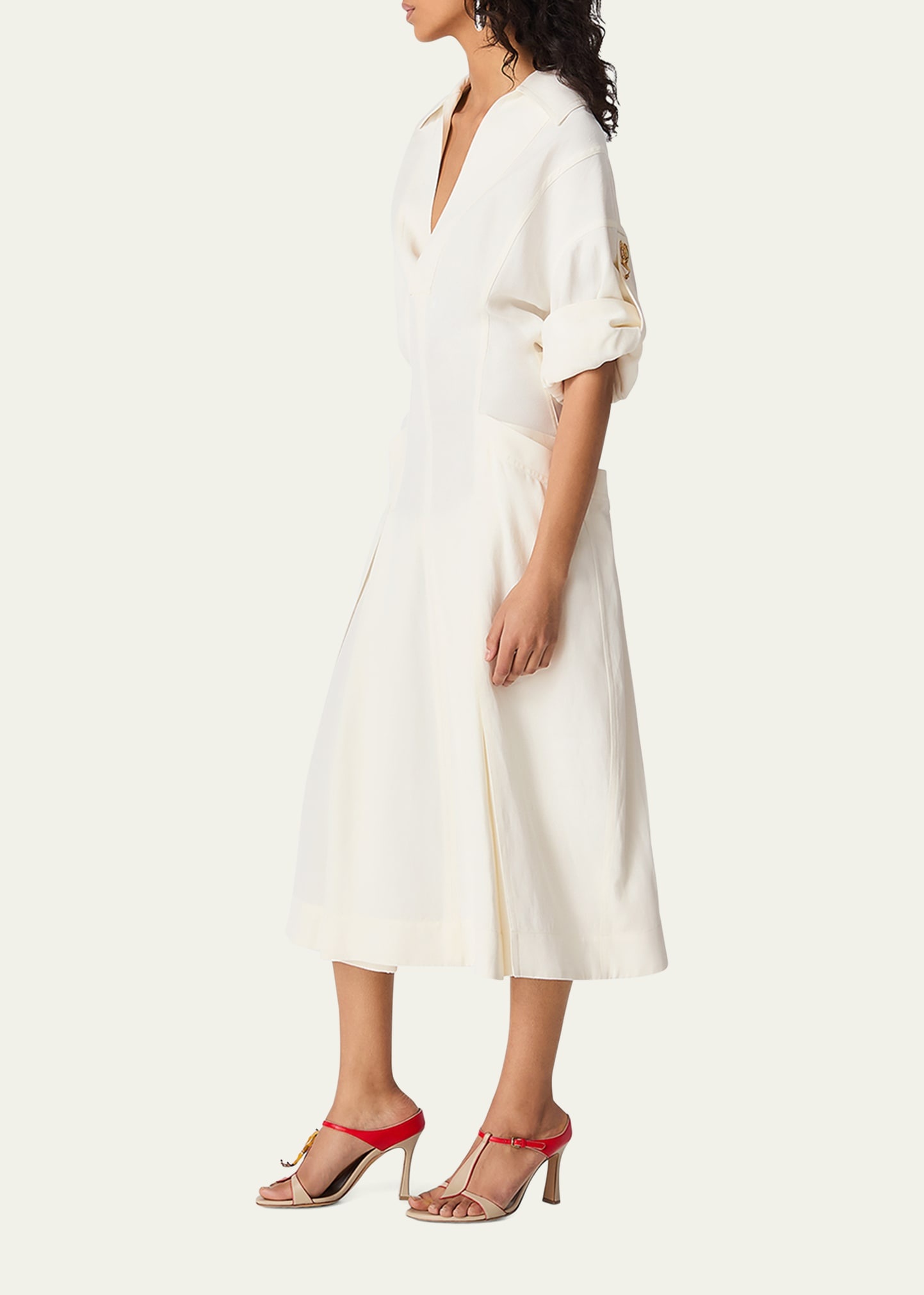 Fit-and-Flare Grainy Midi Dress with Frog Embellishments - 4
