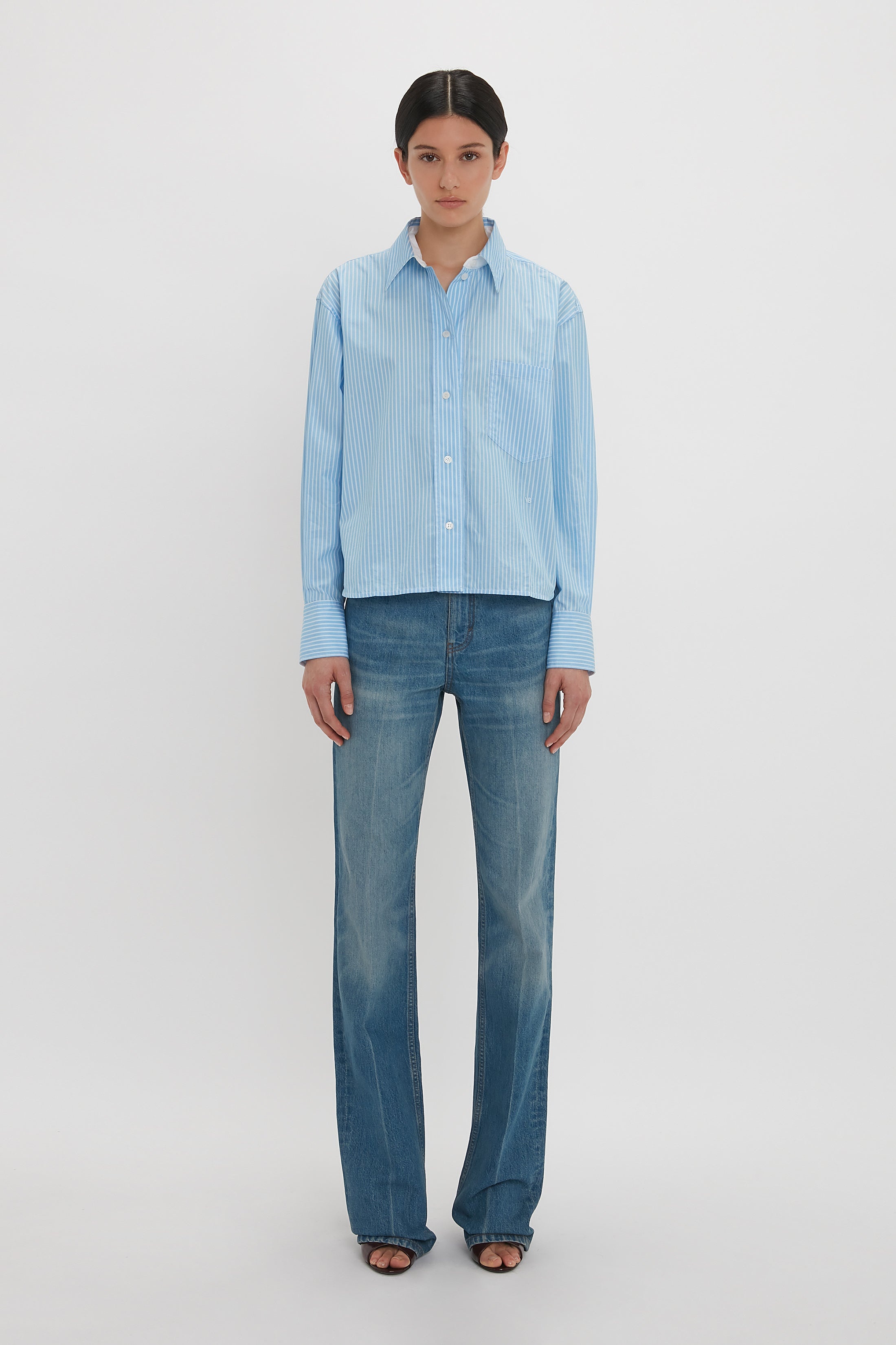 Cropped Long Sleeve Shirt In Marina-White - 3