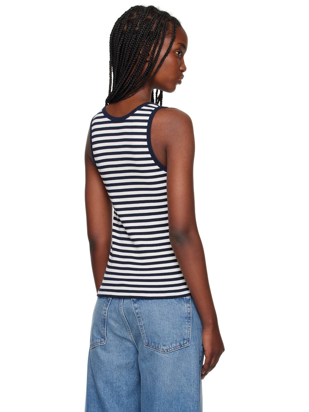 Navy & Off-White Bold Fox Patch Multi Stripes Ribbed Tank Top - 3