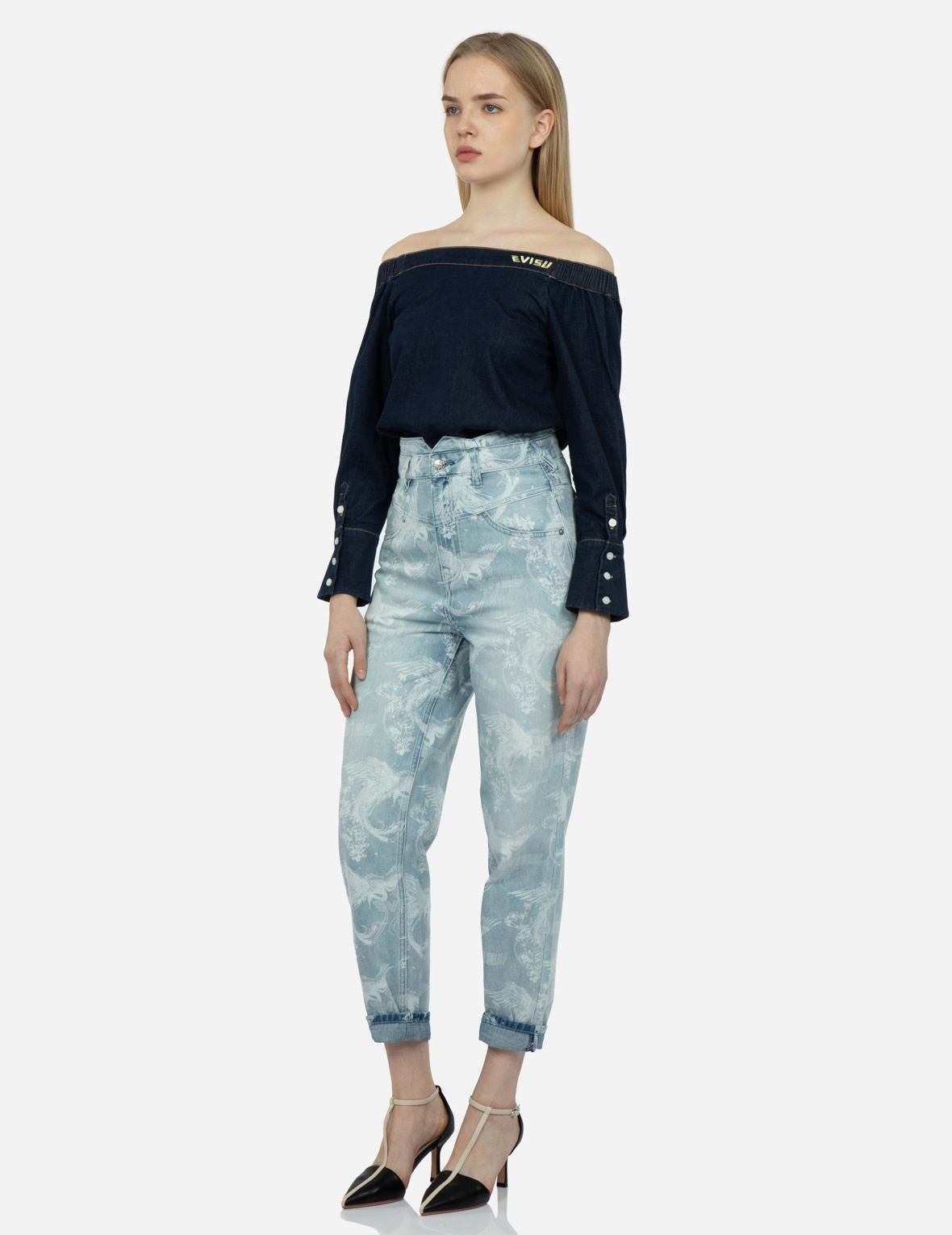 LASER-PRINT ALLOVER PEACOCK DENIM TAPER JEANS - 4