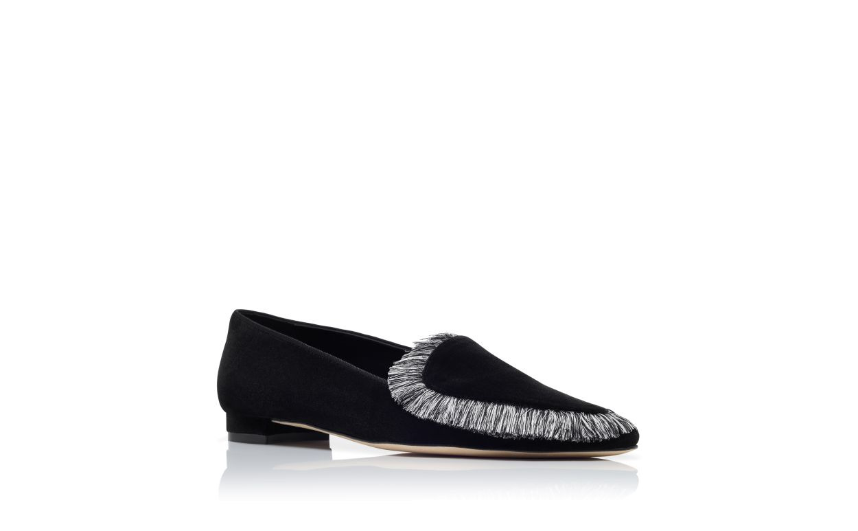 Black Velvet Fringe Detail Loafers - 3