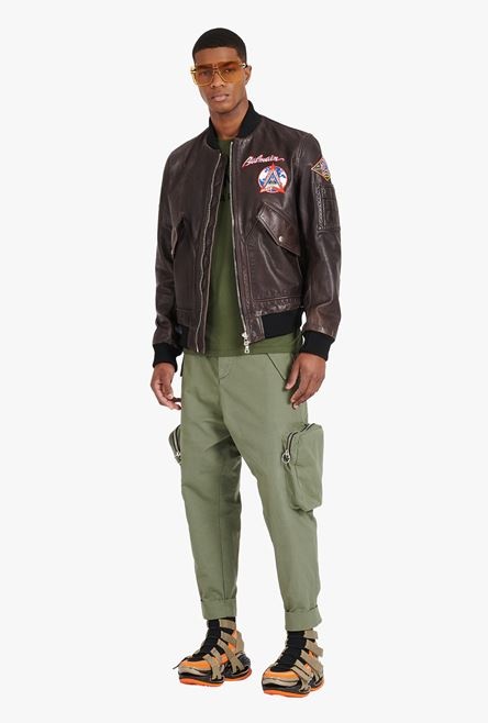 Brown leather teddy jacket with Balmain badges - 2