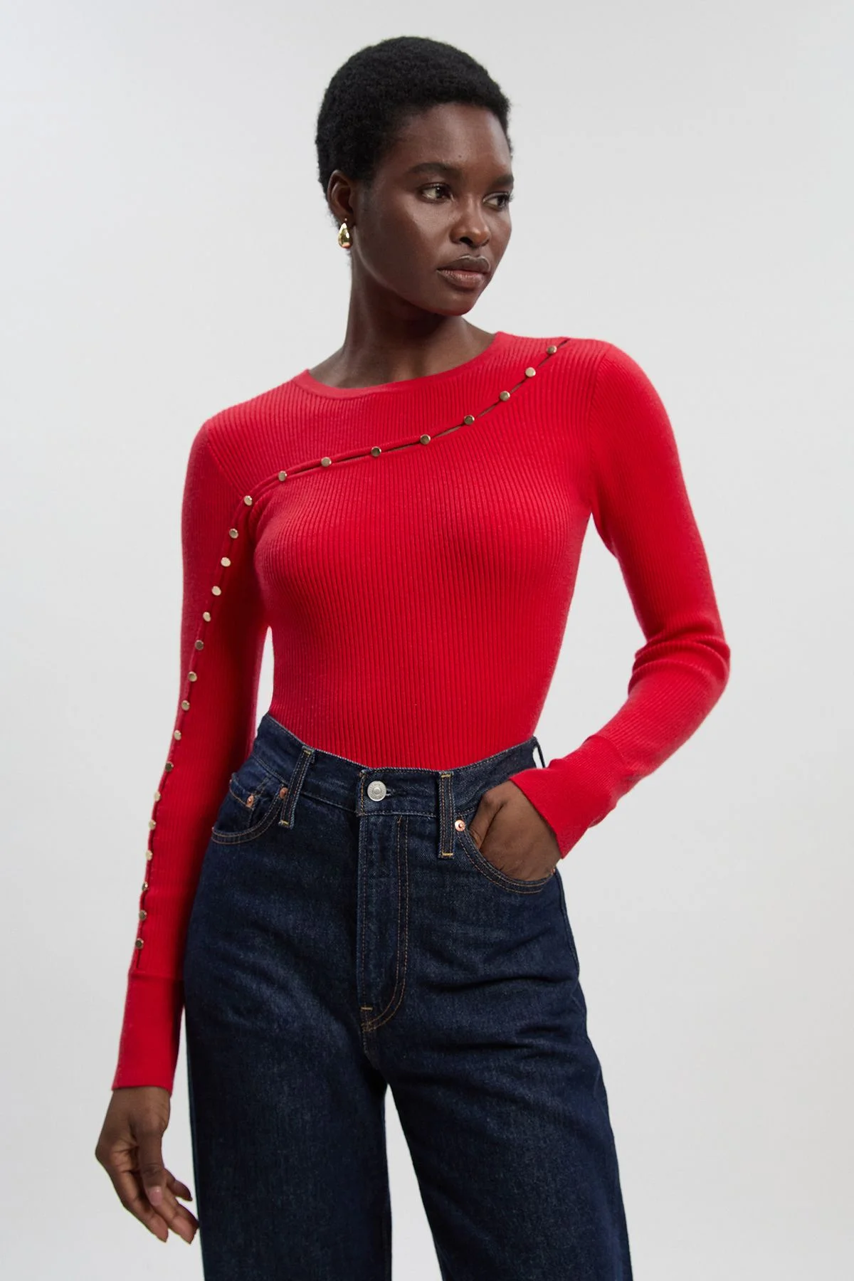 Viscose Blend Cut Out Trim Detail Knit Top - 1
