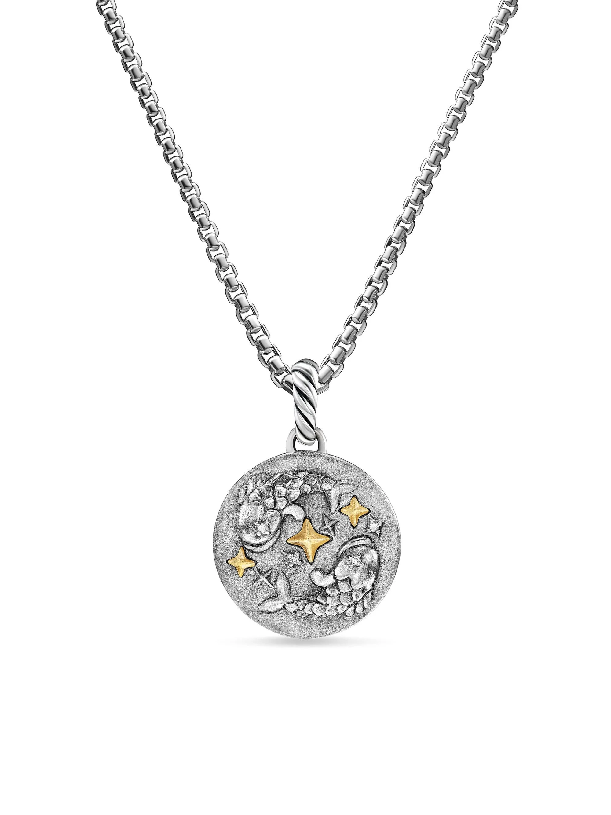 Women's Amulet in Sterling Silver with 18K Yellow Gold and Diamonds, 19MM - Pisces - 1