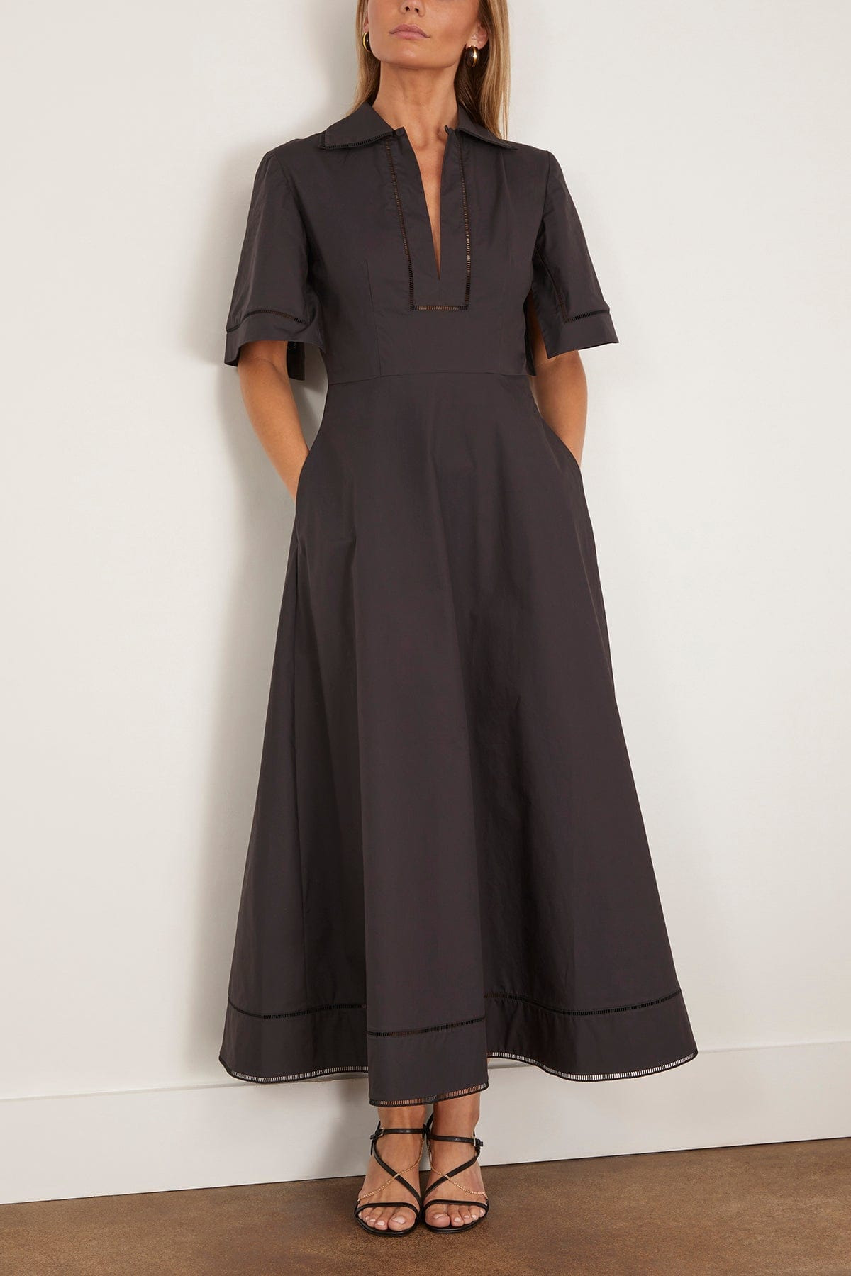 Ladder Embroidered Poplin Dress in Black - 3
