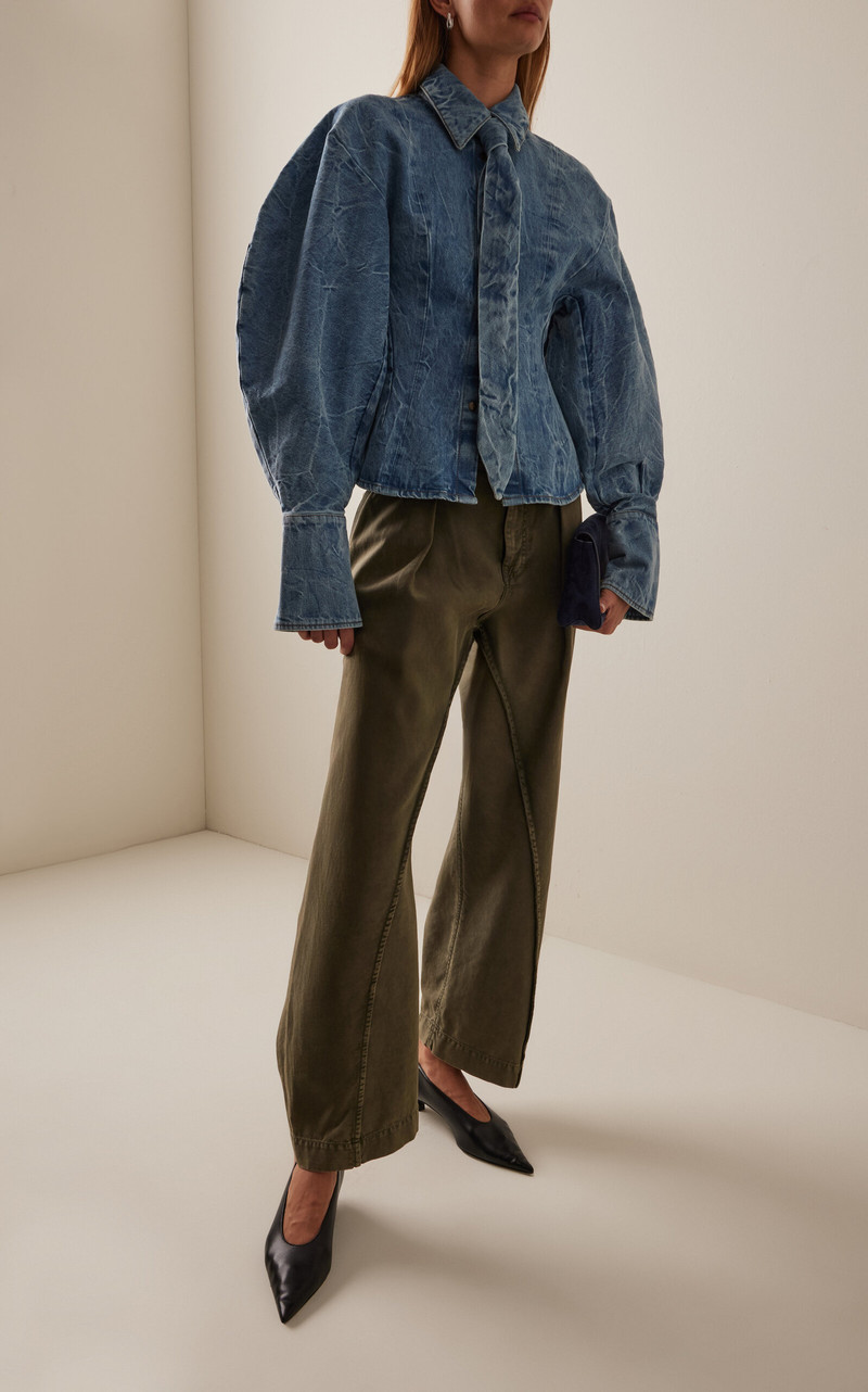 A.W.A.K.E. MODE Tie-Detailed Acid-Washed Denim Shirt medium wash outlook