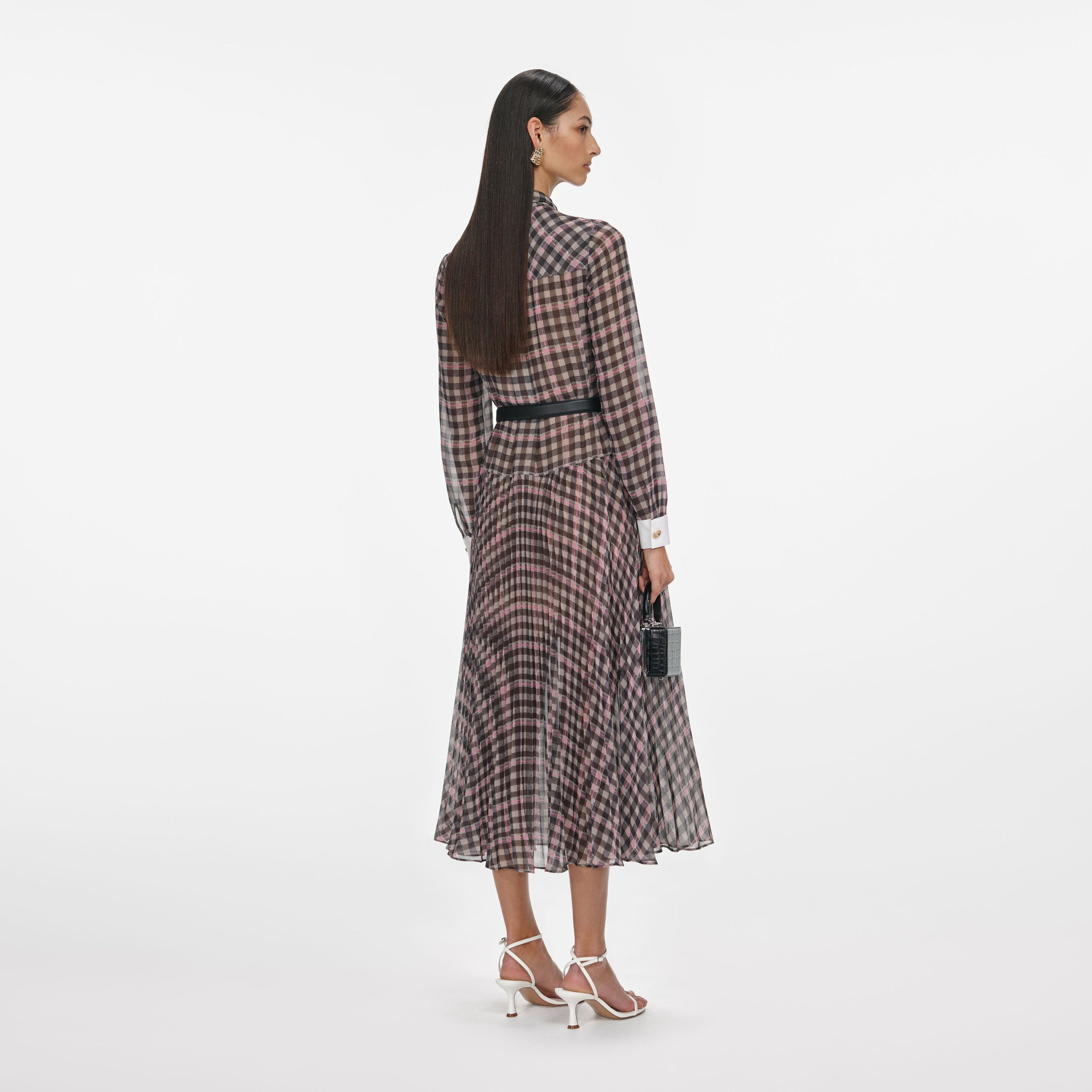 Brown Check Chiffon Midi Dress - 3