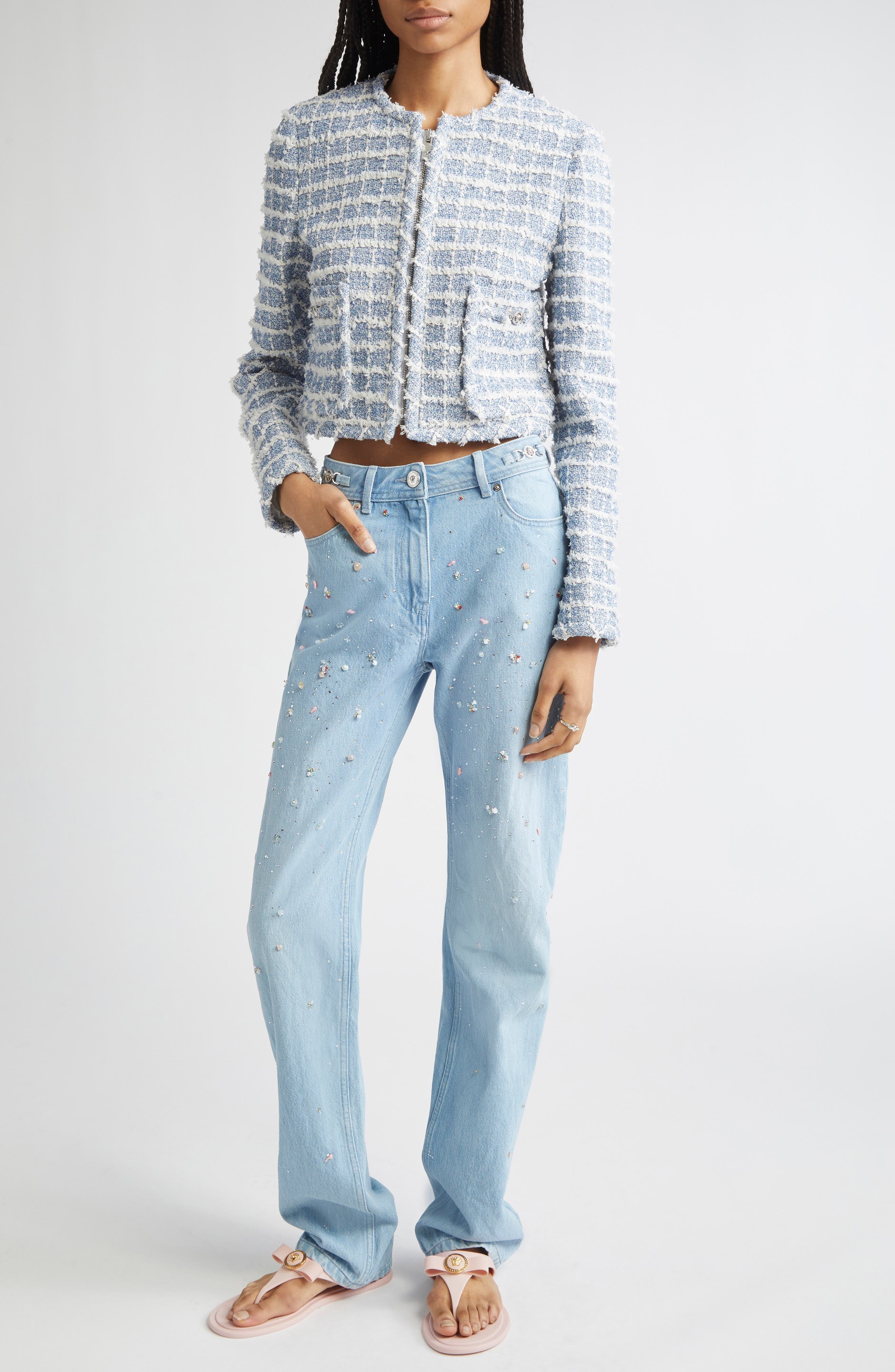 Versace Medusa '95 Windowpane Tweed Crop Jacket in Light Indigo at Nordstrom - 2