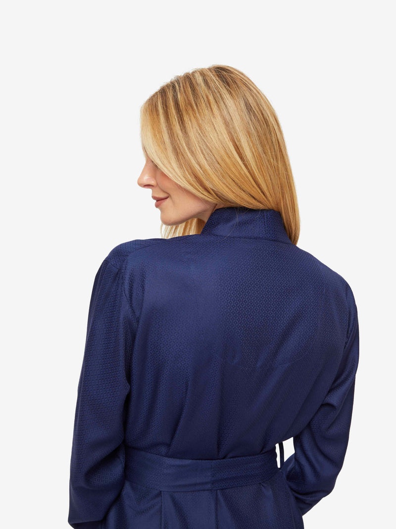 Women's Long Dressing Gown Lombard 6 Cotton Jacquard Navy - 7