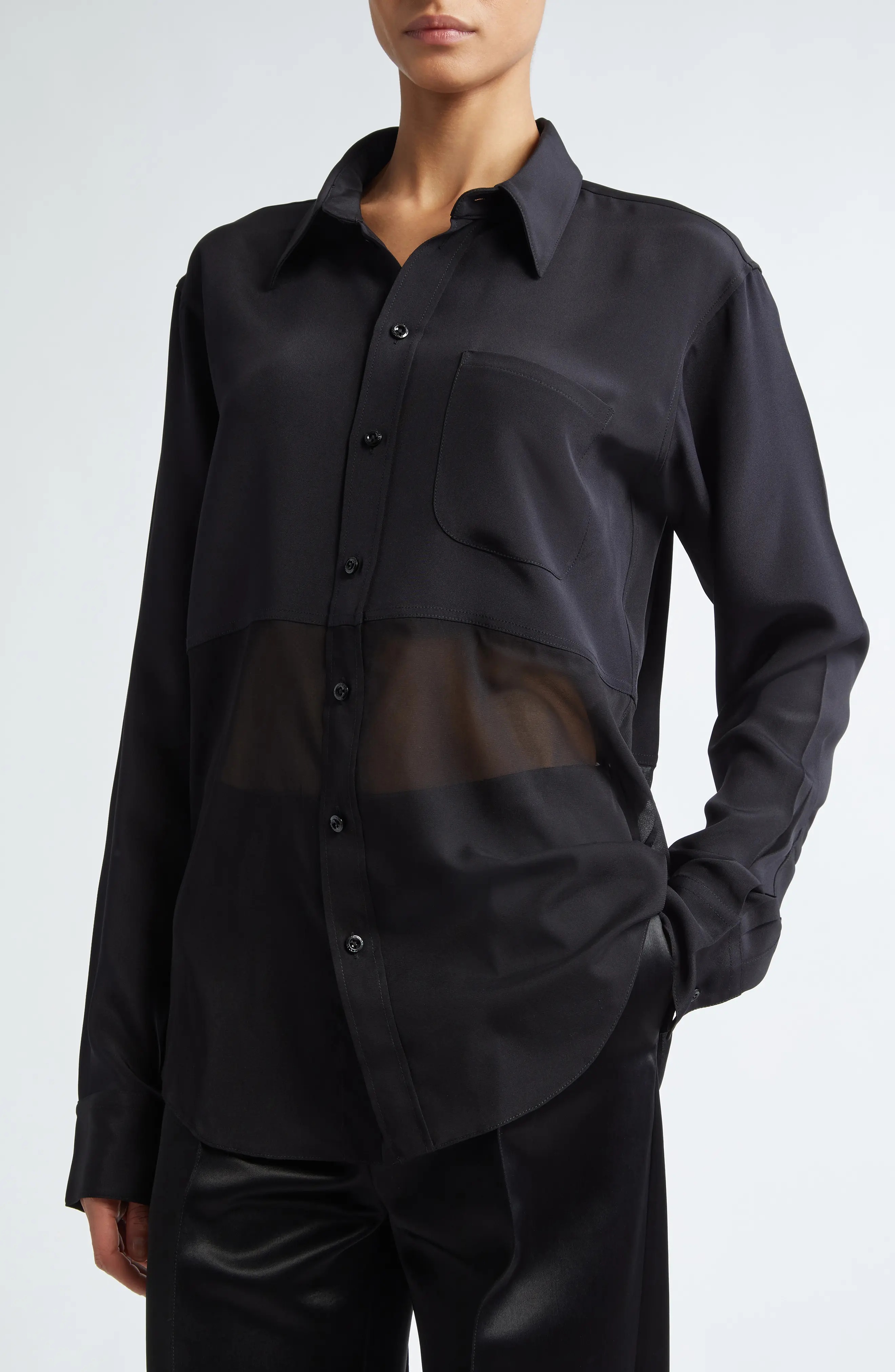 Mixed Media Button-Up Shirt in Black/Black - 5