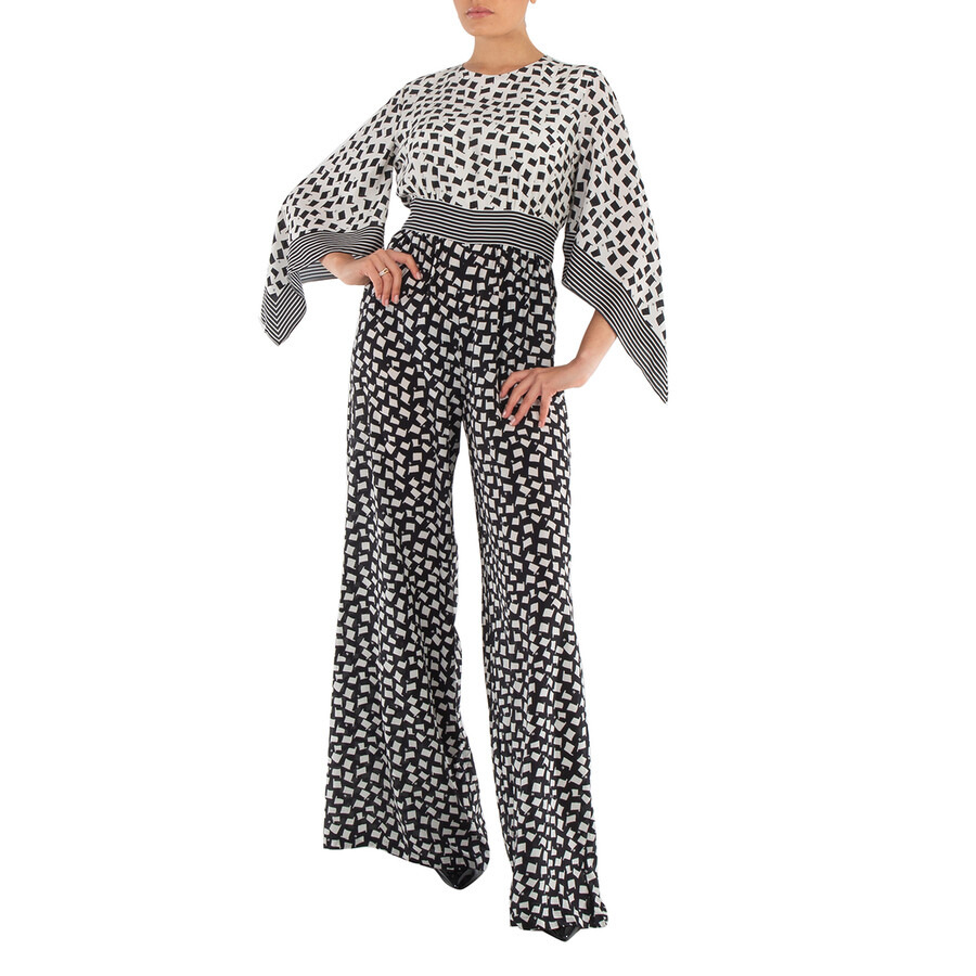 Max Mara Ladies White Black Origano Printed Silk Jumpsuit - 5