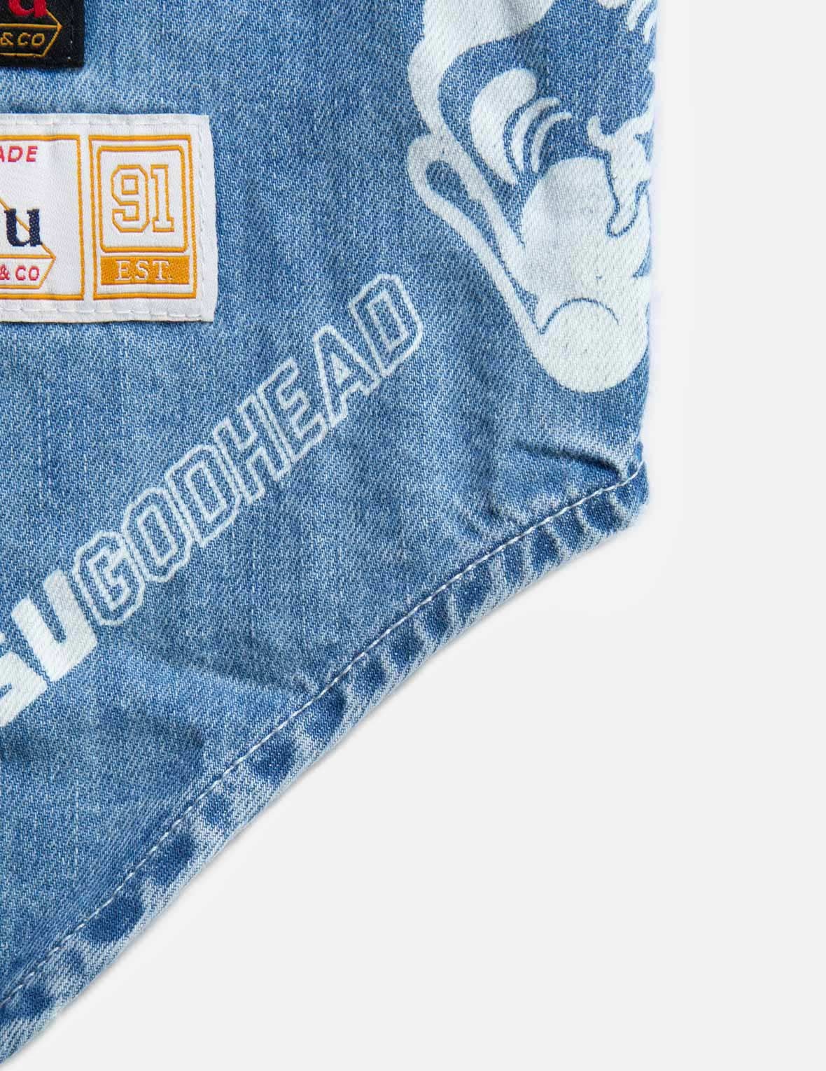 Allover Godhead and Logo Discharged  Print Denim Shirt - 12