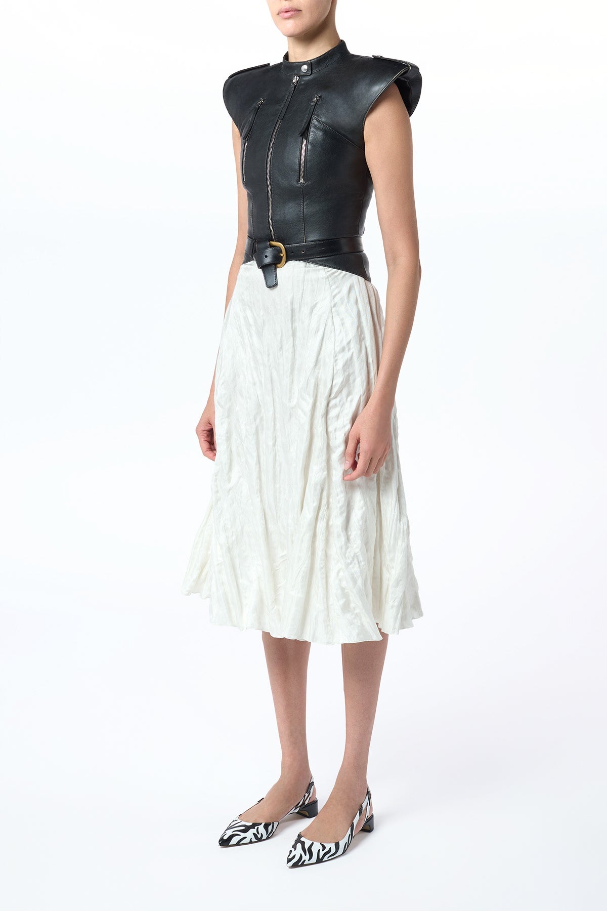 Athena Moto Midi Dress in Black Leather & Ivory Metallic Crinkled Silk - 6