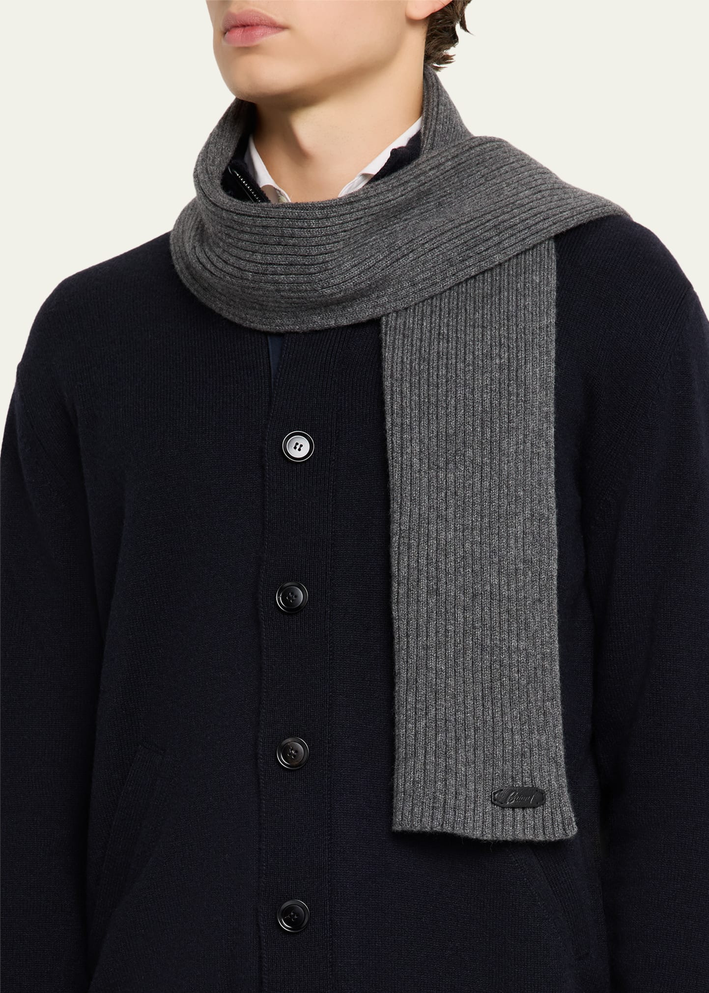 Men's Cashmere Rib Leather-Label Scarf - 3