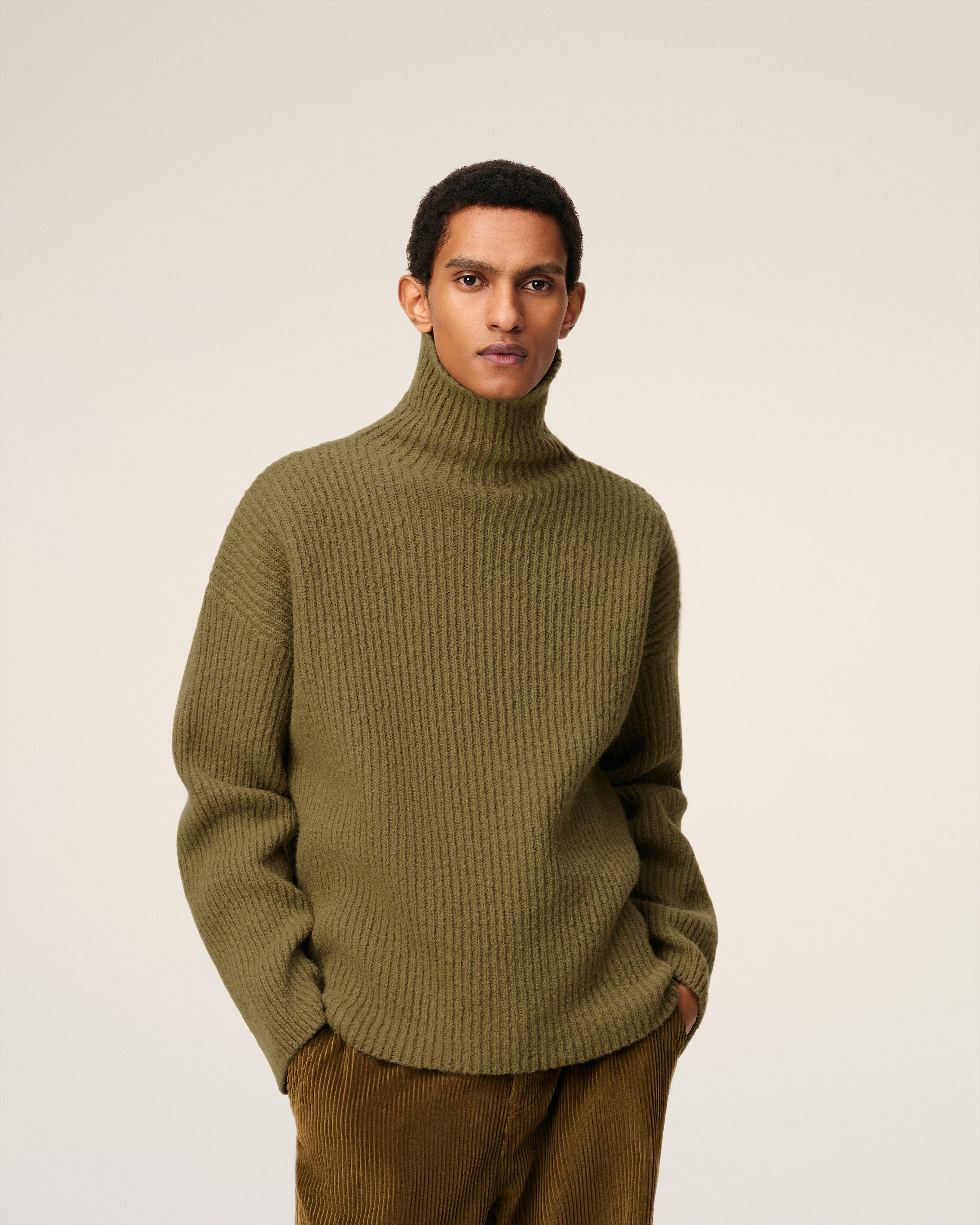 GREEN WOOL FUNNEL NECK SWEATER - 3