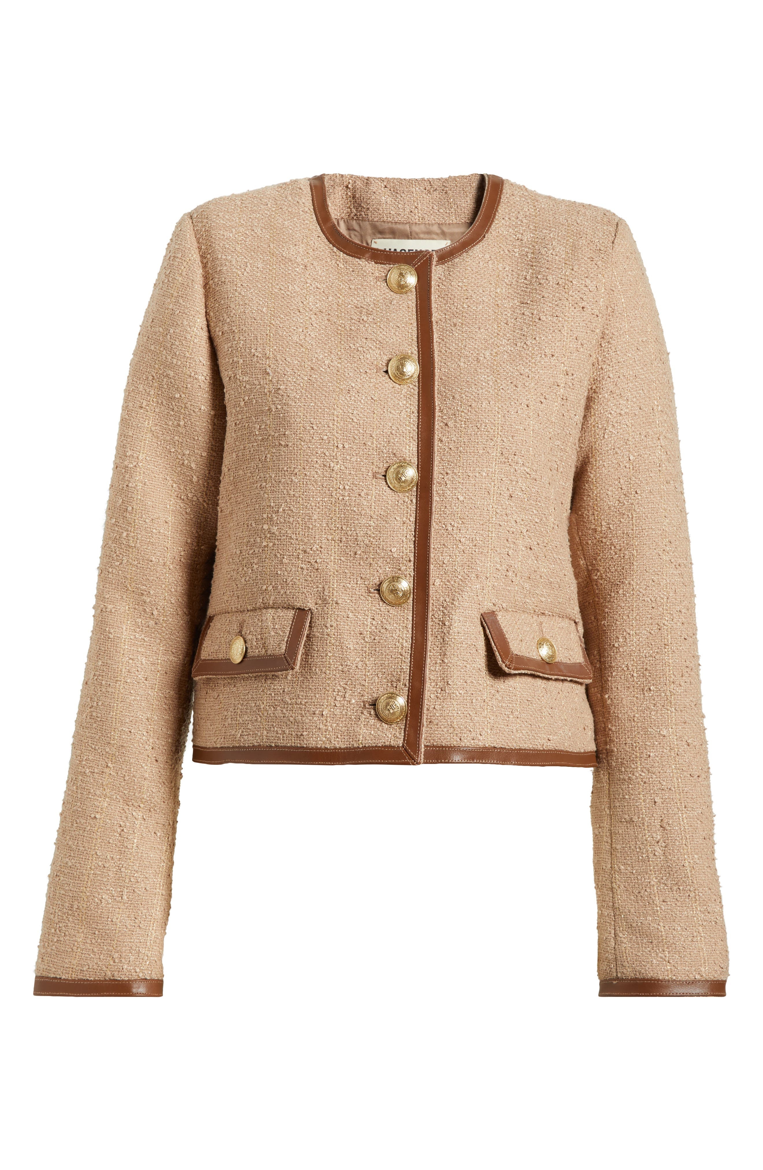L'AGENCE Zaya Faux Leather Trim Jacket in Cappuccino/Gold Stripe at Nordstrom - 6