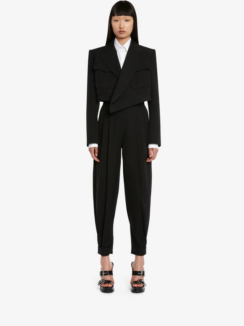 Women's Asymmetric Military Cropped Jacket in Black - 2