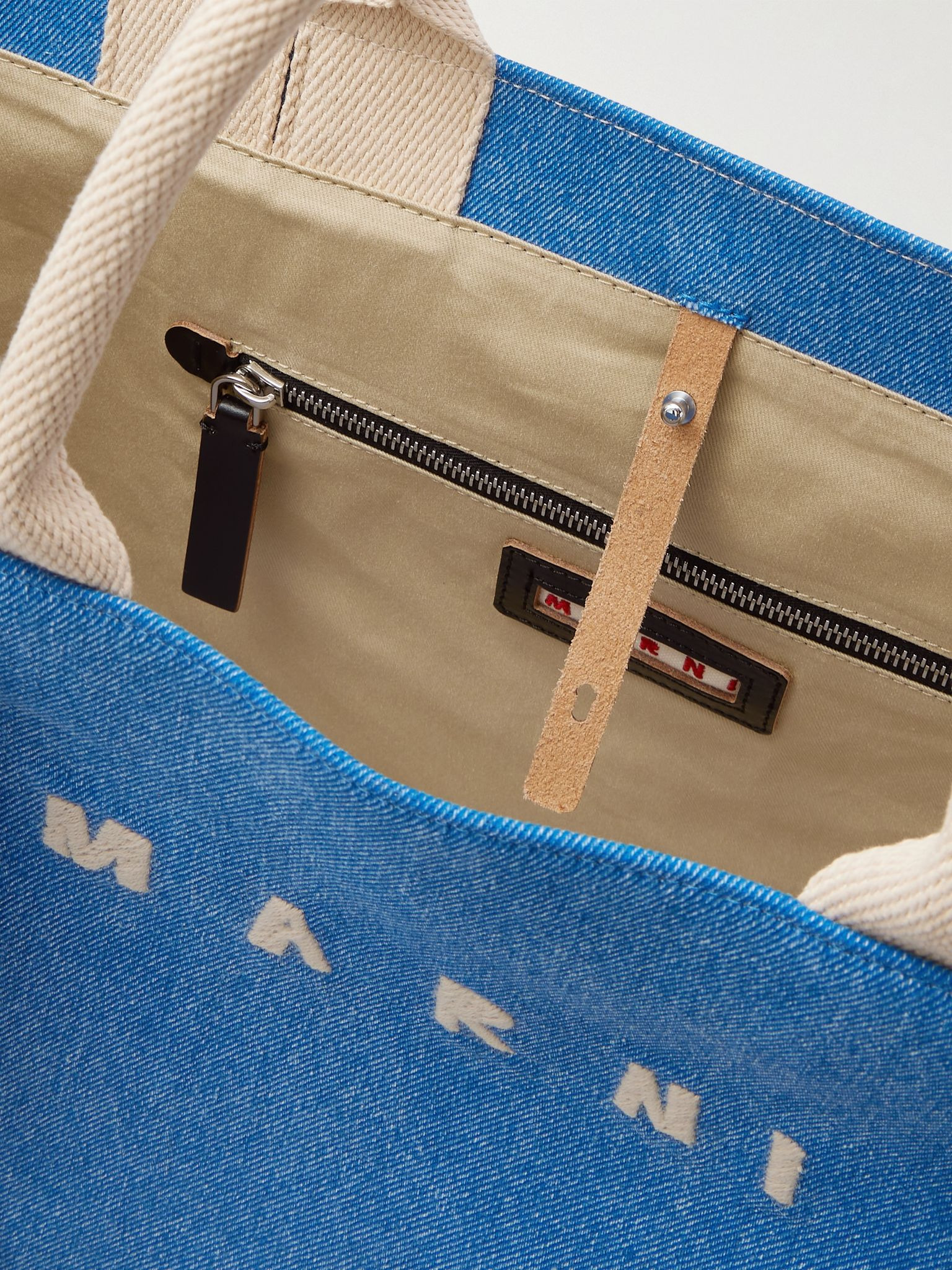 Logo-Embroidered Webbing-Trimmed Stonewashed Denim Tote Bag Blue - 5