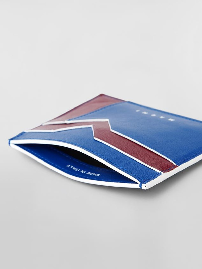 Marni BI-COLOURED BLUE AND BORDEAUX CALFSKIN CARD HOLDER WITH M GRAPHIC PATTERN outlook