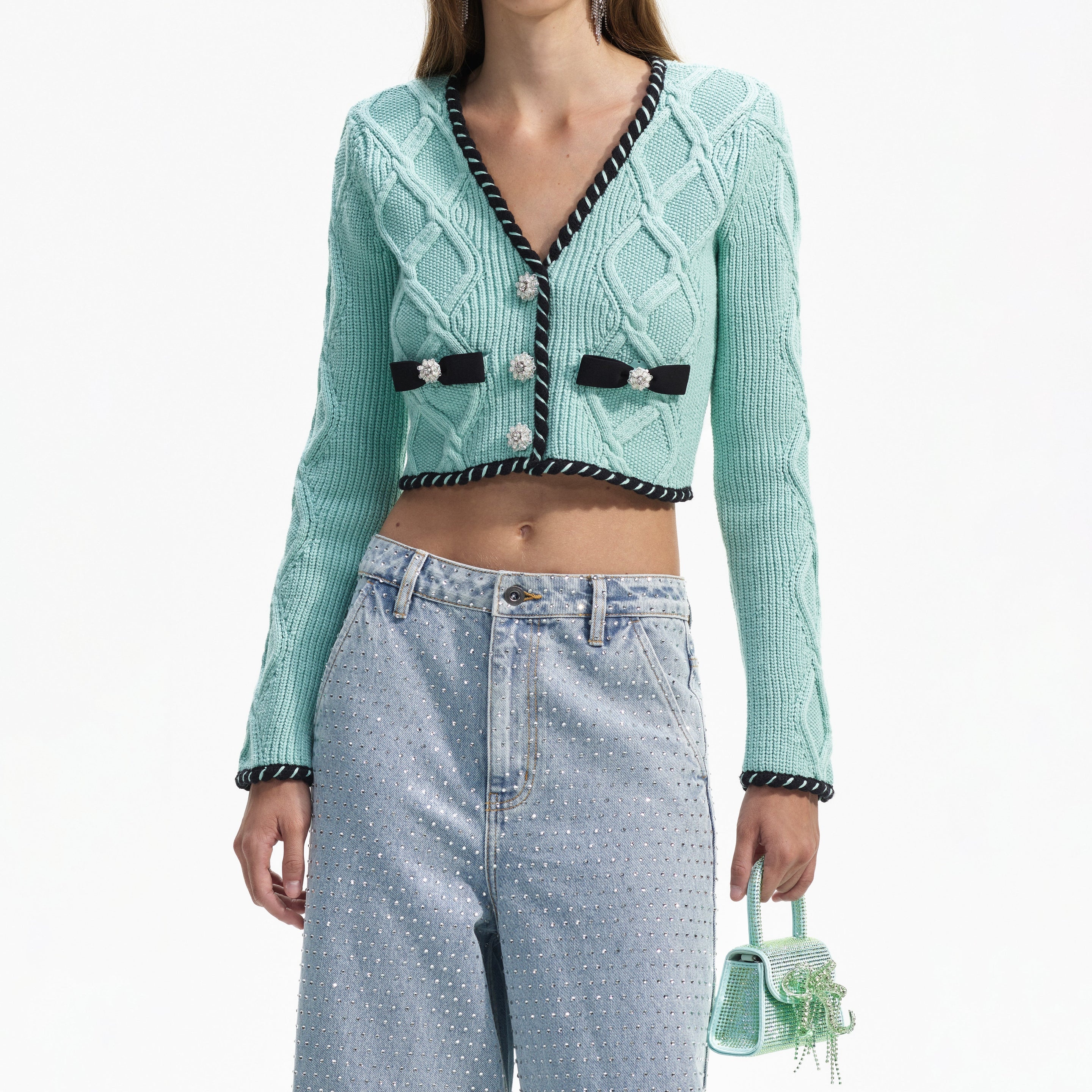 Mint Cable Knit Cropped Cardigan - 4