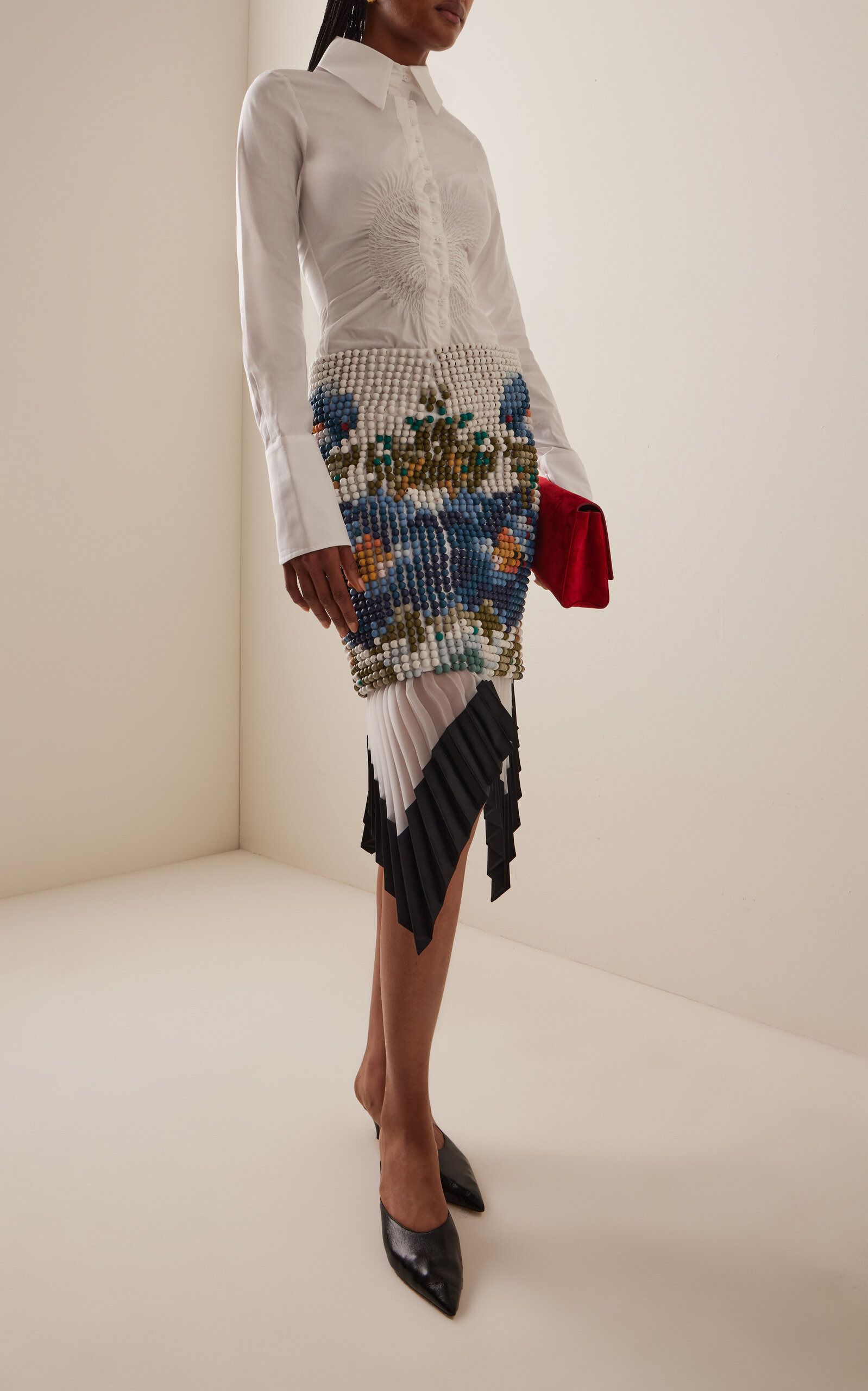 Beaded Cotton Twill Midi Skirt floral - 2