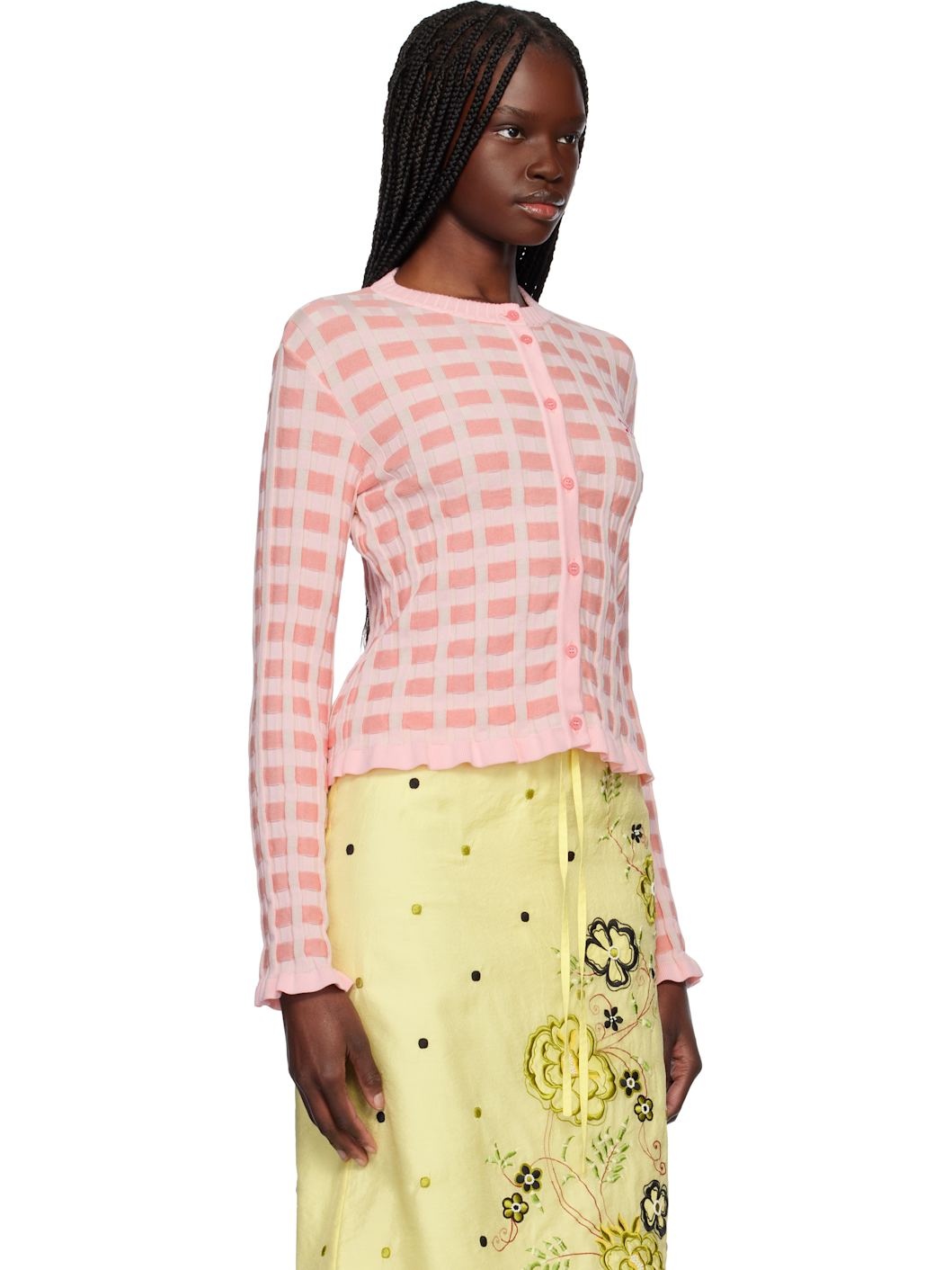 Pink Checked Ribbed Cardigan - 2