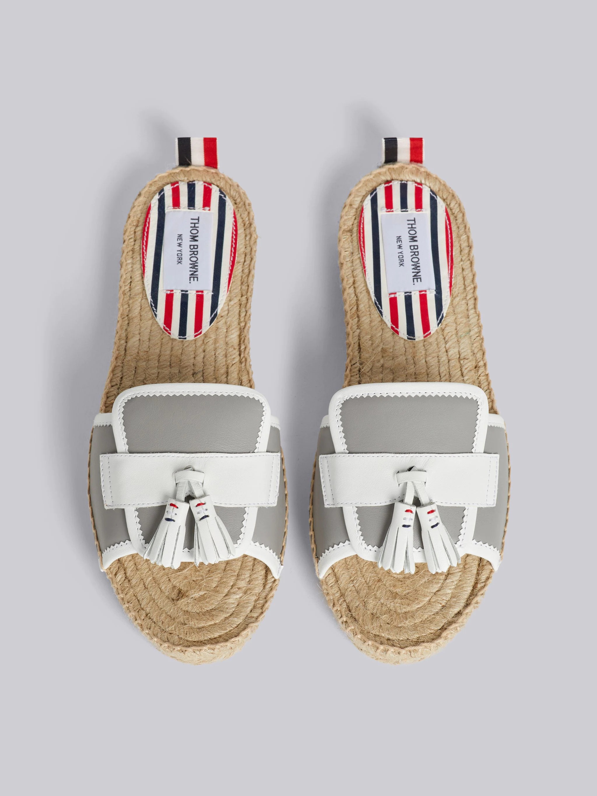 Grey And White Vitello Calf Leather Tassel Espadrille Loafer Sandal - 4
