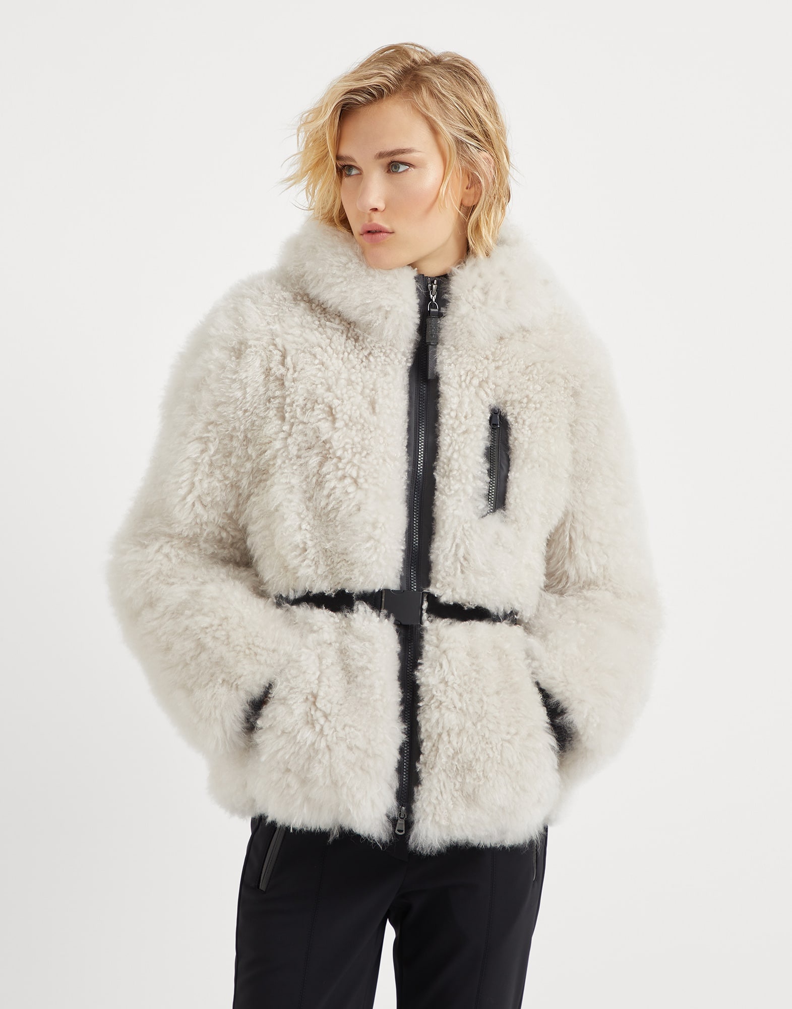 Plush cashmere shearling hooded and belted outerwear jacket with shiny zipper pull - 1