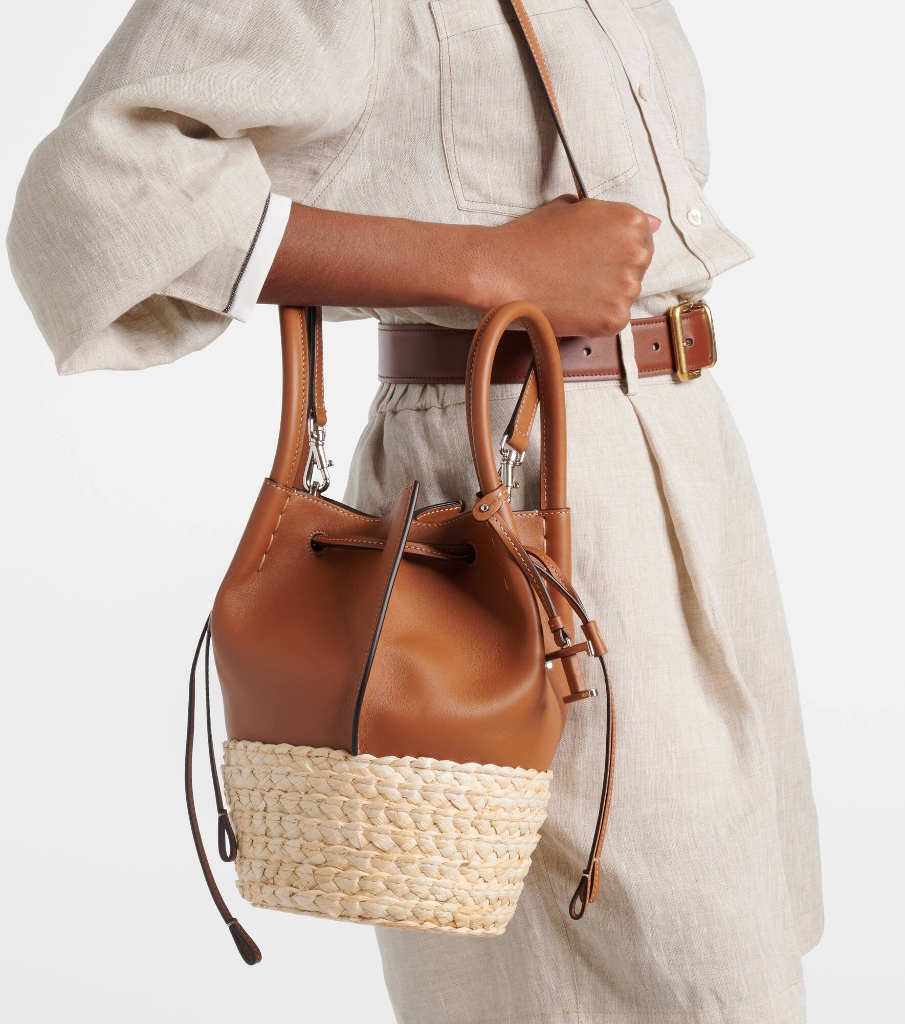 Bux raffia-trimmed leather bucket bag - 6